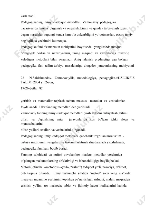 lim, 2004 yil 2-son, 17-26-betlar. 82 yoritish va materiallar to'plash uchun maxsus metodlar va vositalardan foydalanadi. ular fanning metodlari deb yuritiladi. zamonaviy fanning ilmiy -tadqiqot metodlari yosh avlodni tarbiyalash, bilimli qilish va o'qitishning aniq jarayonlariga xos bo'lgan ichki aloqa va munosabatlarini bilish yo'llari, usullari va vositalarini o‘rganadi. pedagogikaning ilmiy -tadqiqot metodlari qanchalik to'gri tanlansa ta'lim - tarbiya mazmunini yangilash va takomillashtirish shu darajada yaxshilanadi, pedagogika fani ham boyib boradi. fanning salohiyati va nufuzi avvalambor mazkur metodlar yordamida to'plangan ma'lumotlarning ob'ektivligi va ishonchliligiga bog'liq bo'ladi. metod (lotincha «metodos»-«yo'l», “uslub”) tadqiqot yo'li, nazariya, ta'limot, deb tarjima qilinadi. ilmiy tushuncha sifatida "metod" so'zi keng ma'noda: muayyan muammo yechimini topishga yo‘naltirilgan uslubni, malum maqsadga erishish yo'lini, tor ma'noda: tabiat va ijtimoiy hayot hodisalarini hamda qonuniyatlarini bilish maqsadida qandaydir vazifani hal etish uslubini bildiradi. pedagogikada shunday maxsus metodlar mavjudki, ular yordamida ta'lim - tarbiya jarayoniga taalluqli muhim faktlar, turli pedagogik vaziyatlar mohiyatlari, mexanizmlari, xususiyatlari o'rganiladi. …
