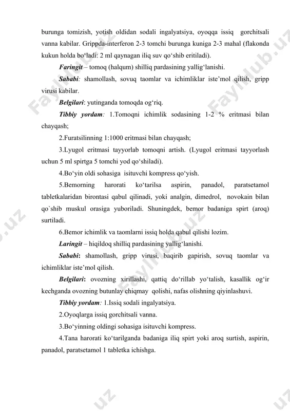 kuniga 4 mahal muskul orasiga, gentamitsin 80 mg kuniga 2 mahal (bolalarga buning uchdan biri yoki yarmi), yoki sefazolin kattalarga 1 gr 2 mahal muskul orasiga (bolalarga yarmi). 8.sulfanilamidlar (sulfadimetoksin, sulfamonometoksin)dan birortasi kuniga 2 mahal 1-2 tabletkadan ichiriladi. traxeit – kekirdak shilliq pardasining yallig‘lanishi. sababi: shamollash, gripp virusi. belgilari: quruq va og‘riqli yo‘tal, yo‘talganda ko‘krak qafasining yuqori o‘rta qismida qirilish, ba‘zida tana haroratining ko‘tarilishi. tibbiy yordam: 1.sodali issiq ingalyatsiya; 2. oyoqlarga gorchitsali issiq vanna; 3.ko`krak qafasi oldi va orqasiga gorchichnik; 4.antibiotiklar va harorat ko‘tarilganda tibbiy yordam laringit kasalligida aytilganidek. bronxit – bronxlar shilliq pardasining yallig‘lanishi. sababi: shamollash, gripp virusi va hokazo. belgilari: oldiniga quruq yo‘tal bo‘lib, 3-4 kundan keyin shilimshiqli yopishqoq balg‘am ajralishi. yo‘talganda ko‘krak qafasi sohasida og‘riq, qirilish. nafas olganda xirillash. auskultatsiya usuli yordamida quruq xirillash tovushlarini eshitish mumkin. ba‘zida tana harorati ko‘tarilishi mumkin. tibbiy yordam: 1.laringit va traxeitda aytilganidek. 2.yo`talga qarshi tabletkalar (mukaltin va boshqa), altey damlamasi. pnevmoniya …