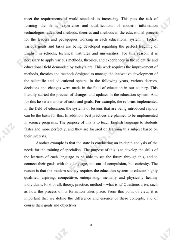 y are focused on learning this subject based on their interests. another example is that the state is conducting an in-depth analysis of the needs for the training of specialists. the purpose of this is to develop the skills of the learners of each language to be able to see the future through this, and to connect their goals with this language, not out of compulsion, but curiosity. the reason is that the modern society requires the education system to educate highly qualified, aspiring, competitive, enterprising, mentally and physically healthy individuals. first of all, theory, practice, method – what is it? questions arise, such as how the process of its formation takes place. from this point of view, it is important that we define the difference and essence of these concepts, and of course their goals and objectives. also, in our current educational system, it is aimed to develop the …