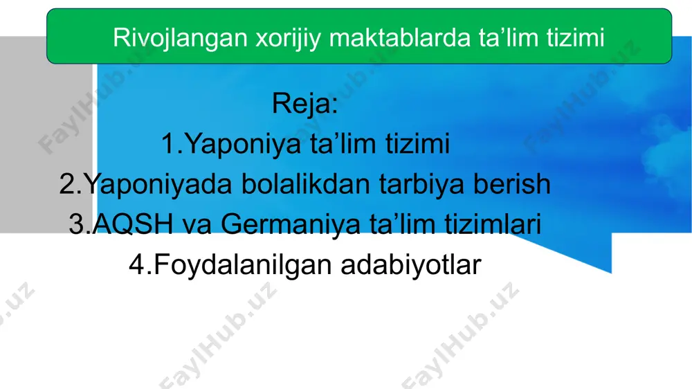 iya odatda oiladan boshlanadi. yapon ayollari uchun onalik birinchi o‘rinda turadi. ko‘pgina yapon ayollarining aytishlaricha, bola tarbiyasi ularning hayotlarining maqsadlaridir. yaponiyada oilaviy byudjetning katta qismi bolaning ta’limiga sarflanadi. oilada bola yaxshi bilim olishi ushun barcha shartsharoitlar yaratib beriladi. imtixon paytlarida esa bolalar uy yumushlaridan ozod etiladilar. ota-onalar farzandlariga barcha sohada o’rnak namunadirlar. ular o’z bolalari o’qishiga yordam berish ushun juda ko’p o’qiydilar. onalar o’zlarini farzandlarining oqil, dono, muloyim, odil va mehnatsevar bo’lib o’sishlari uchun oila sulolasi va davlat oldida mas`ul deb hisoblaydilar. yaponlar bolaning erta voyaga yetishi tarafdoridirlar. turli yoshlarda tarbiyaning turli muammolariga urg‘u beradi masalan, 1 yoshda o‘ziga ishonch hissini uyg‘otish, 2 yoshda amaliy san’at qo‘l mehnatini ko‘rsatish, 3 yoshda burch hissini tarbiyalash, 4 yoshda yaxshilik va yovuzlikni farqlashga o‘rgatish, 5 yoshdaliderlik hislatlarini tarbiyalash, mustaqillikka, reja tuzish va ularni bajarishga o‘rgatish bolalar va qizlar turlicha tarbiyalanadilar. o‘g‘ilga oilaning bo‘lajak tayanchi sifatida qaraydilar va qiyinchiliklarni yengishga o‘rgatadilar. qizlarni esa uy …