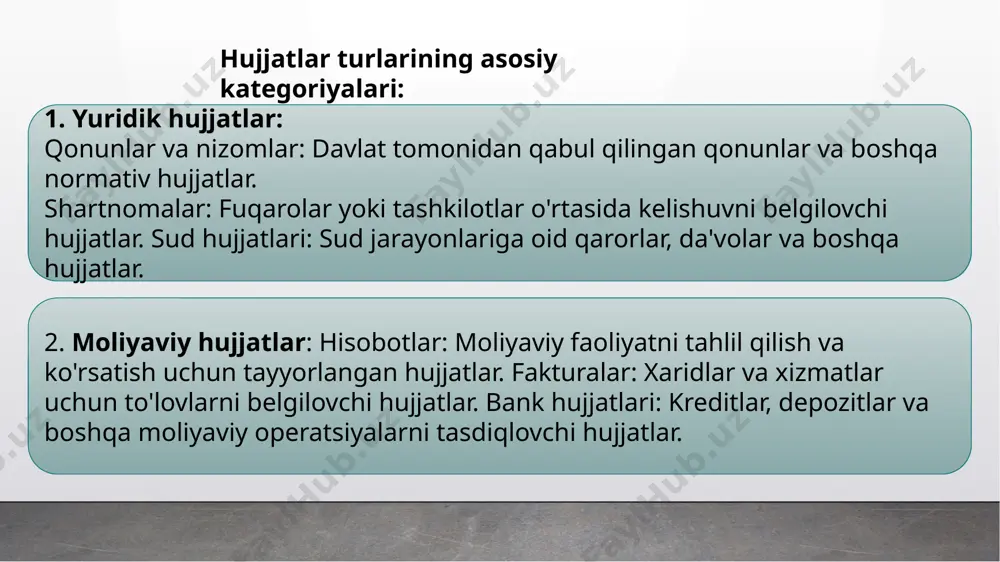 , uning tuzilgan sanasi va joyi; xo‘jalik operatsiyasining nomi, mazmuni va o‘lchov birliklarini ko‘rsatgan holdagi miqdor o‘lchovi (natura va pulda ifodalangan holda); xo‘jalik operatsiyasini amalga oshirgan shaxslarning (shaxsning) identifikatsiya qilish uchun zarur bo‘lgan familiyasi hamda ismi va otasi ismining bosh harflarini yoxud boshqa rekvizitlarini ko‘rsatgan holda lavozimlari nomi va imzolari. buxgalteriyaga kelib tushadigan boshlang‘ich hujjatlar majburiy tekshiruvdan o‘tkaziladi. boshlang‘ich hujjatlar, hisob registrlari, moliyaviy hisobotlarni but saqlanishi tashkilot rahbari tomonidan ta’minlanishi shart e’tiboringiz uchun tashakkur image3.jpeg image1.jpg