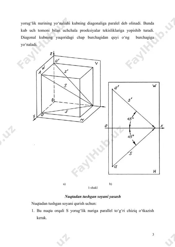 a(b(, ab)dan proeksiya tekisliklariga tushgan soyani yasash ko‘rsatilgan. kesmadan tushgan soyani yasash uchun kesma uchlaridan tushgan soyalar yasaladi. shakldan ko‘rinib turibdiki, a nuqtaning soyasi as nuqta h tekislikda, b nuqtaning soyasi bc nuqta v tekislikda kelib chiqqan. demak, ab kesmadan soyaning bir qismi h tekislikka, boshqa qismi v tekislikka tushadi. soya siniq chiziq asksbs ko‘rinishida tasvirlanadi. soyaning sinish nuqtasi ks ni as nuqtani b nuqtaning h tekislikdagi mavhum soyasi (bs) nuqtaga ulash yo‘li bilan aniqlash mumkin. kesmadagi k (k(, k) nuqta soyaning sinish nuqtasidan o‘tgan teskari nur bilan aniqlanadi. а) b) 4-shakl 5-shakldagi ab (a(b(, ab) kesma v tekislikka parallel (chunki ab||ox), shuning uchun kesmadan v tekislikka tushgan soya kesmaning o‘ziga parallel (asbs||ab). а) b) 5-shakl 6- shakldagi ab (a(b(, ab) kesma h tekislikka perpendikulyar, shuning uchun kesmadan h tekislikka tushgan soya yorug‘lik nurining gorizontal proyeksiyasiga parallel yo‘nalgan (bks||s; ksas||ab). а) b) 6-shakl 7-shaklda vertikal ab(a(b(, ab) kesmadan h tekislikka …