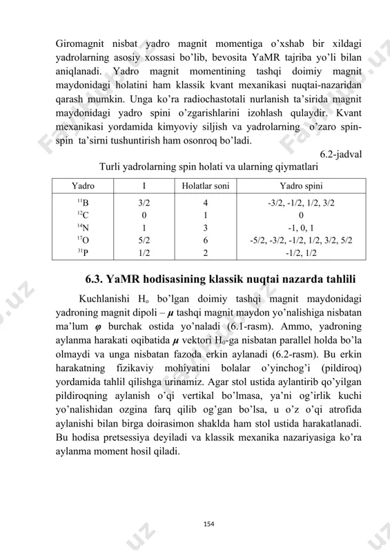 it momentining tashqi doimiy magnit maydonidagi holatini ham klassik kvant mexanikasi nuqtai-nazaridan qarash mumkin. unga ko’ra radiochastotali nurlanish ta’sirida magnit maydonidagi yadro spini o’zgarishlarini izohlash qulaydir. kvant mexanikasi yordamida kimyoviy siljish va yadrolarning o’zaro spin-spin ta’sirni tushuntirish ham osonroq bo’ladi. 6.2-jadval turli yadrolarning spin holati va ularning qiymatlari yadro i holatlar soni yadro spini 11b 12c 14n 17o 31p 3/2 0 1 5/2 1/2 4 1 3 6 2 -3/2, -1/2, 1/2, 3/2 0 -1, 0, 1 -5/2, -3/2, -1/2, 1/2, 3/2, 5/2 -1/2, 1/2 6.3. yamr hodisasining klassik nuqtai nazarda tahlili kuchlanishi ho bo’lgan doimiy tashqi magnit maydonidagi yadroning magnit dipoli – μ tashqi magnit maydon yo’nalishiga nisbatan ma’lum φ burchak ostida yo’naladi (6.1-rasm). ammo, yadroning aylanma harakati oqibatida μ vektori h0-ga nisbatan parallel holda bo’la olmaydi va unga nisbatan fazoda erkin aylanadi (6.2-rasm). bu erkin harakatning fizikaviy mohiyatini bolalar o’yinchog’i (pildiroq) yordamida tahlil qilishga urinamiz. agar stol ustida …