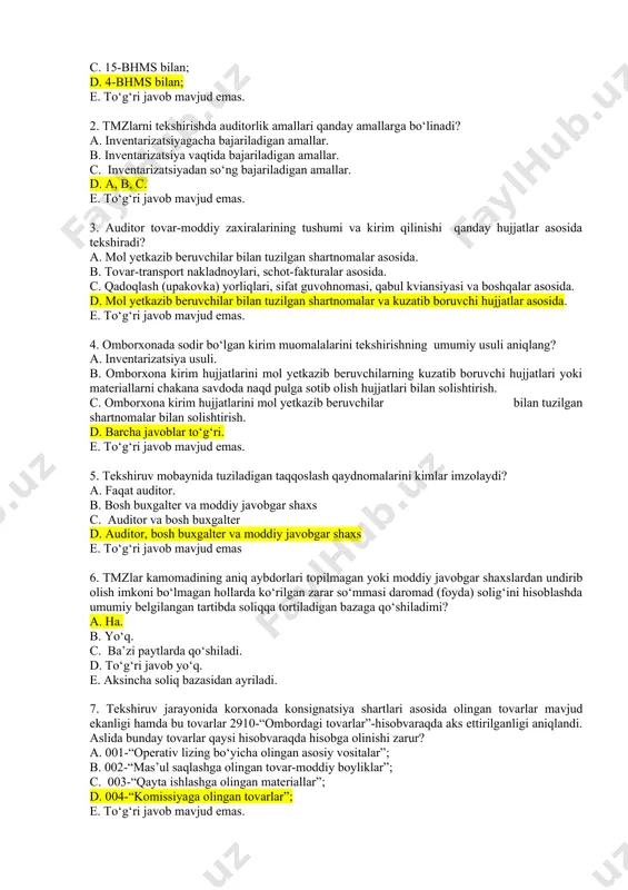 ki soliq nazorati sohasida amaliy ish stajiga (shu jumladan, o‘rindoshlik bo‘yicha) ega bo‘lish. 6. ichki audit xizmati xarajatlarining yillik smetasi kim tomonidan tasdiqlanadi? a. ichki audit xizmati rahbari. b. kuzatuvchi kengashi. c. direktorlar kengashi. d. ta’sischilar umumiy yig‘ilishi. e. to‘g‘ri javob yo‘q. 7. ichki audit xizmati xodimlari kim tomonidan har yili attestatsiyadan o‘tkaziladi? a. ichki audit xizmati rahbari. b. kuzatuvchi kengashi. c. direktorlar kengashi. d. ta’sischilar umumiy yig‘ilishi. e. to‘g‘ri javob yo‘q. 8. ichki audit xizmatining yig‘ma hisoboti qaysi qismlardan iborat? a. tahliliy qism, yakuniy qism, tasdiqlaydigan hujjatlarning to‘liq paketi. b. kirish, tahliliy qism, yakuniy qism, tasdiqlaydigan hujjatlarning to‘liq paketi. c. kirish, yakuniy qism, tasdiqlaydigan hujjatlarning to‘liq paketi. d. kirish, tahliliy qism, yakuniy qism. e. to‘g‘ri javob yo‘q. 9. yig‘ma hisobot ichki audit yakunlangandan keyin necha kun mobaynida tugallanishi zarur? a. 5 kun; b. 7 kun; c. 10 kun; d. 15 kun; e. 30 kun; 10. ichki nazorat tizimi quyidagi …