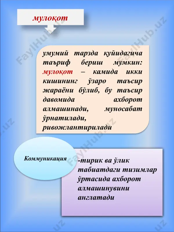 таъсир ўтказилади); учинчидан мулоқот жараёнида коммуникатор (ахборот юборётган одам) ва реципиент (ахборотни қабул қилаётган одам) бир хил кодлаштириш тизимига эга бўлиши керак тўртинчидан мулоқот жараёнида фақат инсонлараро коммуникацияга хос тўсиқлар вужудга келиши мумкин 7 фаол нутқ сўзловчининг нутқи пассив нутқ тингловчининг нутқи вербал коммуникация инсон нутқи белгилар тизими сифатида қўлланилади нутқ фаолияти одам томонидан ижтимоий-тарихий тажрибани ўзлаштириш ва авлодларга бериш ёки коммуникация ўрнатиш, ўз ҳаракатла­рини режалаштириш мақсадида тилдан фойдаланиш жараёнидир 8 г.лассуэл беш унсурдан иборат бўлган коммуникатив жараённинг моделини таклиф этади ким (ахборот ким томонидан узатилмоқда) нима (қандай ахборот узатилмоқда) қанчалик самарали (ахборот қанчалик самарадор узатилди) қандай (ахборот қандай йўл билан узатилмоқда) кимга (ахборот кимга йўналтирилмоқда) буюк француз ёзувчиси антуан сент экзюпери «мулоқот – шундай неъматки, у орқали инсон лаззатланади» сўзнинг моҳияти ҳақида саъдий «ақллимисан ёки аҳмоқ каттамисан ёки кичик буни бир сўз айтмагунча била олмаймиз» 9 бу воситалар вербал коммуникация – сўзни тўлдиради, кучайтиради ва баъзан унинг ўрнини босади. …