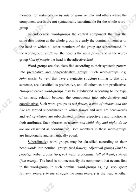 rm combined lexical meaning is not to imply that the meaning of the word-group is a mere additive result of all the lexical meaning of the component members. as a rule, the meaning of the component words are mutually dependant and the meaning of the word-group naturally predominates over the lexical meanings of its constituents. word-groups possess not only the lexical meaning, but also the meaning conveyed by the pattern of arrangement of their constituents. such word-groups as school grammar and grammar school are semantically different because of the difference in the pattern of arrangement of the component words. it is assumed that the structural pattern of word-group is the carrier of a certain semantic component which does not necessarily depend on the actual lexical meaning of its members. in the example discussed above school grammar the structural meaning of the word-group may be abstracted from the group and described …