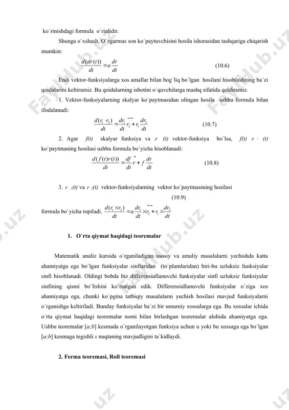 o`ladi. isbot. ravshanki, (1.4) tenglik ma`noga ega bo`lishi uchun g(b)(g(a) bo`lishi kerak. bu esa teoremadagi g`(x)(0, x((a;b) shartdan kelib chiqadi. haqiqatdan ham, agar g(a)=g(b) bo`lsa, u holda g(x) funksiya roll teoremasining barcha shartlarini qanoatlantirib, biror c((a;b) nuqtada g`(c)=0 bo`lar edi. bu esa (x((a;b) da g`(x)(0 shartga ziddir. demak, g(b)(g(a). endi yordamchi funksiyani tuzaylik. shartga ko`ra f(x) va g(x) funksiyalar [a,b] da uzluksiz va (a,b) intervalda differensialanuvchi bo`lgani uchun f(x) birinchidan [a,b] kesmada uzluksiz funksiyalarning chiziqli kombinatsiyasi sifatida uzluksiz, ikkinchidan (a,b) intervalda hosilaga ega. so`ngra f(x) funksiyaning x=a va x=b nuqtalardagi qiymatlarini hisoblaymiz: f(a)(f(b)(0. demak, f(x) funksiya [a,b] kesmada roll teoremasiinng barcha shartlarini qanoailantiradi. shuning uchun hech bo`lmaganda bitta shunday c (a<c<b) nuqta topiladiki, f`(c)(0 bo`ladi. shunday qilib, va bundan (1.4) tenglikning o`rinli ekani kelib chiqadi. isbot tugadi. isbotlangan (1.4) tenglik koshi formulasi deb ham ataladi. endi koshi teoremasining geometrik ma`nosini aniqlaymiz. aytaylik x=((t), y=f(t), a(t(b tekislikdagi chiziqning parametrik tenglamasi bo`lsin. …