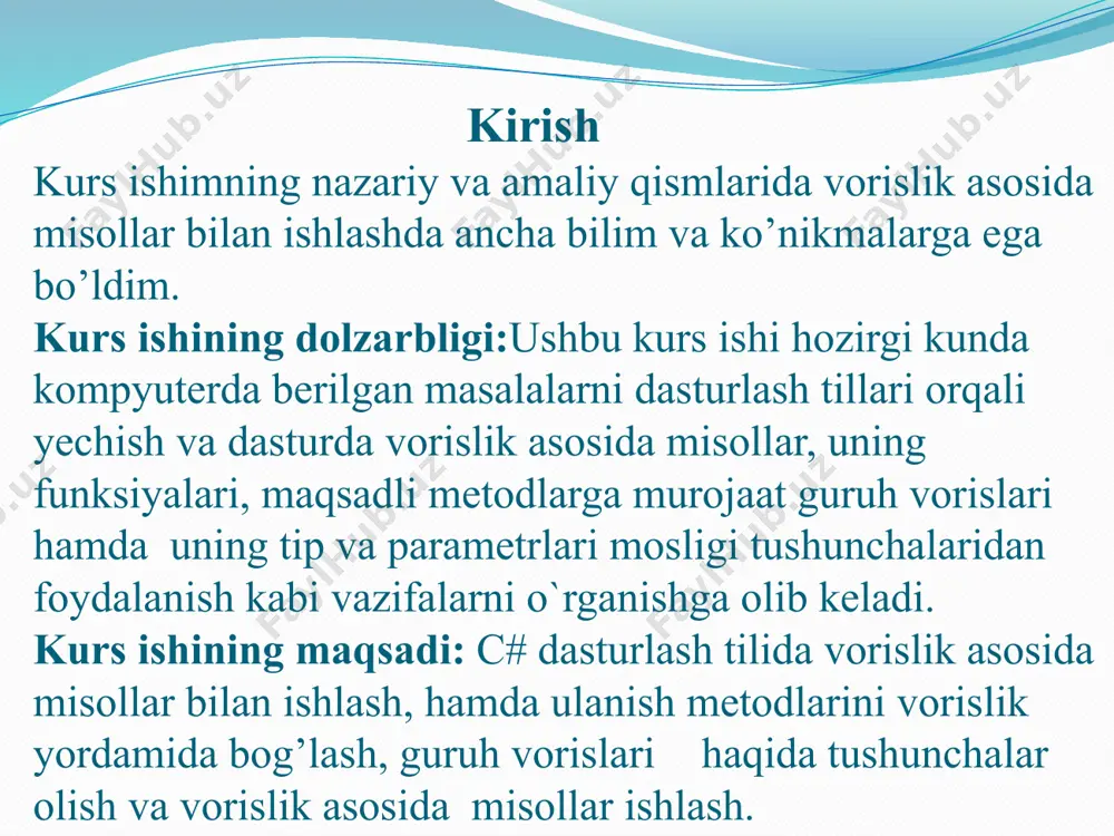 igi tufayli, ushbu turdagi a'zolar shu turga kiradi. ba’zi sinflarning barcha a'zolari ham kelib chiqqan sinflari voris qilib olinmaydi.quyidagi a'zolar merosxo'r emas. 1.statik sinf ma'lumotlarini dastlabki holatga keltiradigan statik konstruktorlar . 2.sinfning yangi namunasini yaratish uchun chaqiriladigan instansiya konstruktorlari.har bir sinf o'zining konstruktorlarini belgilashi kerak. 3.ish vaqtidagi yig'uvchilar sinf nusxalarini yo'q qilishga chaqiradigan tugatish usullari.asosiy sinfning qolgan barcha a'zolari kelib chiqqan sinflar tomonidan meros bo'lib o'tadilar, ammo ularning mavjudligi mavjud bo'lishdan mustaqil. a'zolarning ochiqligi quyidagi sinflar uchun ko'rinishga ta'sir qiladi. quyidagi jadvalda c # da yaratilishi mumkin bo'lgan turlari va ular aniq meros qilib olinadigan turlari keltirilgan. asosiy turlarning har biri undan aniq meros qilib olinadigan barcha turlarni, turli xil a'zolar to'plamlarini taqdim etadi. kategoriya turi aniq meros bo'lib qoladi sinf ob'ekt tuzilishi valuetype , ob'ekt enum(sinf) enum , valuetype, ob'ekt vakil multicastdelegate , delegate , object vorislik va aloqa odatda, meros asosiy sinf va bir yoki bir nechta kelib …