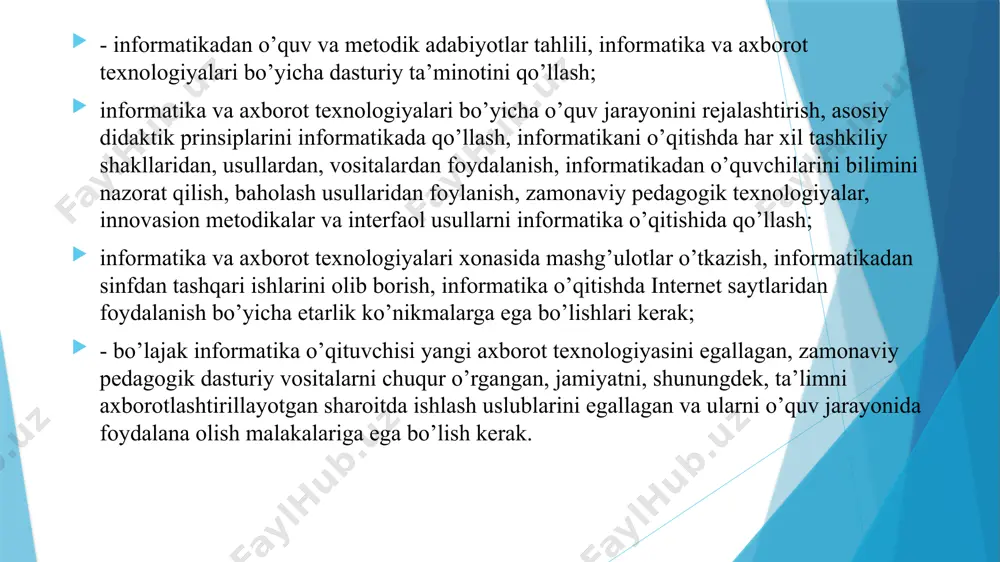 vlashtirish va intensivlashtirish, o‘quv jarayonida uning barcha qobiliyati va imkoniyatlari, tashabbuskorligini ochishga yo‘naltirilgan ta’limni ifodalaydi. dialogik yondoshuv. bu yondoshuv o‘quv munosabatlarini yaratish zaruriyatini bildiradi. uning natijasida shaxsning o‘z-o‘zini faollashtirishi va o‘z-o‘zini ko‘rsata olishi kabi ijodiy faoliyati kuchayadi. hamkorlikdagi ta’limni tashkil etish. demokratik, tenglik, ta’lim beruvchi va ta’lim oluvchi faoliyat mazmunini shakllantirishda va yerishilgan natijalarni baholashda birgalikda ishlashni joriy etishga e’tiborni qaratish zarurligini bildiradi. muammoli ta’lim. ta’lim mazmunini muammoli tarzda taqdim qilish orqali ta’lim oluvchi faoliyatini aktivlashtirish usullaridan biri. bunda ilmiy bilimni obektiv qarama-qarshiligi va uni hal etish usullarini, dialektik mushohadani shakllantirish va rivojlantirishni, amaliy faoliyatga ularni ijodiy tarzda qo‘llashni mustaqil ijodiy faoliyati ta’minlanadi. axborotni taqdim qilishning zamonaviy vositalari va usullarini qo‘llash - yangi kompyuter va axborot texnologiyalarini o‘quv jarayoniga qo‘llash. o‘qitishning usullari va texnikasi. ma’ruza (kirish, mavzuga oid, vizuallash), muammoli ta’lim, keys-stadi, pinbord, paradoks va loyihalash usullari, amaliy ishlar. o‘qitishni tashkil etish shakllari: dialog, polilog, muloqot hamkorlik va o‘zaro o‘rganishga …
