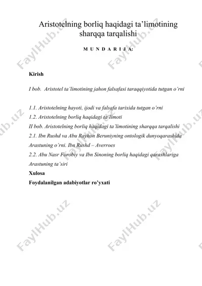 aristotelning borliq haqidagi ta’limotining sharqqa tarqalishi — DOC