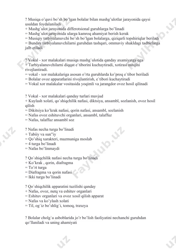 r bilan mashg’ulotlar jarayonida qaysi usuldan foydalaniladi + mashg`ulot jarayonida differotsional guruhlarga bo’linadi = mashg`ulot jarayonida ularga kamroq ahamiyat berish kerak = musiqiy tarbiyalanuvchi bo’sh bo’lgan bolalarga, qiziqarli topshiriqlar beriladi = bunday tarbiyalanuvchilarni guruhdan tashqari, ommaviy shakldagi tadbirlarga jalb etiladi ? vokal - xor malakalari musiqa mashg`ulotida qanday axamiyatga ega + tarbiyalanuvchilarni diqqat e`tiborini kuchaytiradi, xotirasi nutqini rivojlantiradi. = vokal - xor malakalariga asosan o’rta guruhlarda ko’proq e`tibor beriladi = bolalar ovoz apparatlarini rivojlantirish, e`tibori kuchaytiradi = vokal xor malakalar vositasida yoqimli va jarangdor ovoz hosil qilinadi ? vokal - xor malakalari qanday turlari mavjud + kuylash xolati, qo`shiqchilik nafasi, diktsiya, ansambl, sozlanish, ovoz hosil qilish = dikitsiya ko’krak nafasi, qorin nafasi, ansambl, sozlanish = nafas ovoz eshituvchi organlari, ansambl, talaffuz = nafas, talaffuz ansambl soz ? nafas necha turga bo’linadi + tabiiy va sun‟iy = qo’shiq xarakteri, mazmuniga moslab = 4 turga bo’linadi = nafas bo’linmaydi ? qo`shiqchilik nafasi …