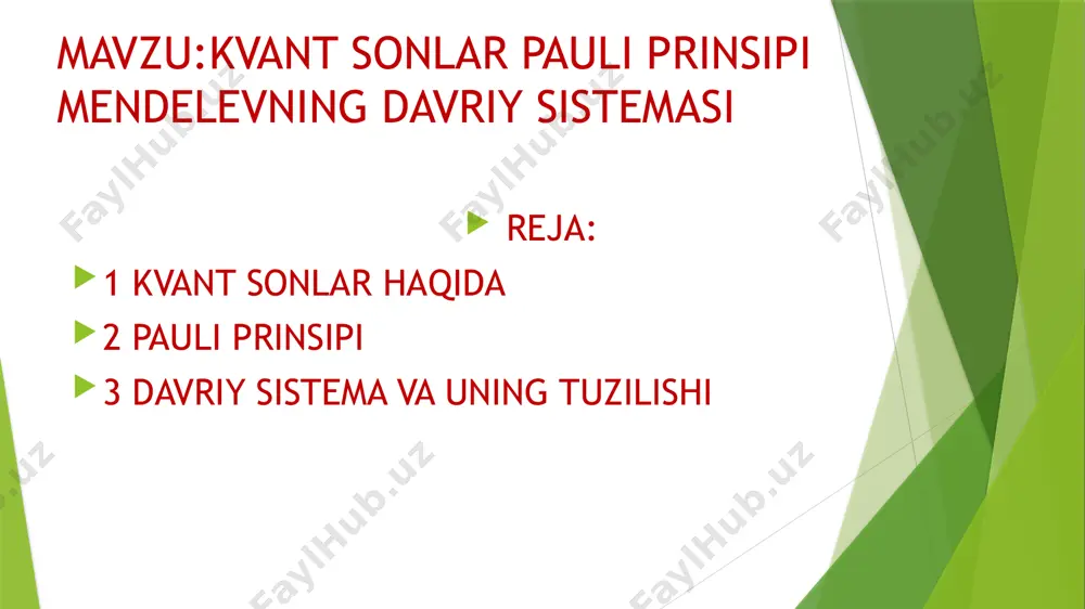 atom raqami, [[elektron konfiguratsiyasi]fig ] va davriy takrorlanuvchi kimyoviy xossalariga asoslangan holda jadval shaklida tasvirlashdir. unsurvvvvvlar unda atom raqamlari (protonlari soni) oshib borishi tartibida joylashgan. jadvalning standart shakli tepada 18 × 7 kataklardagi asosiy unsurlar va ostida ikki qator boshqa guruh unsurlaridan iborat. jadval shuningdek toʻrtta toʻrtburchak bloklar: chapda s-blok, oʻngda p-blok, oʻrtada d-blok va pastda f-bloklarga boʻlinishi mumkin. jadval qatorlari davr, s-, d- va p-bloklardagi ustunlar esa guruh deyiladi; bu ustunlarga galogenlar yoki inert gazlar degan alohida nomlar ham beriladi. davriy jadval taʼrifiga binoan u davriy qonunga koʻra tuzilgan uchun, har qanday davriy jadval yordamida tegishli unsurlarning xossalari orasida aloqadorlik keltirib chiqarish va yangi, hali ochilmagan yoki sintezlanmagan unsurlar xossalarini bashorat etish mumkin. natijada davriy jadval kimyoda keng qoʻllanilib, muhim asos boʻlib xizmat qiladi. oʻzmedan mendeleyev davriy sistemasi, kimyoviy elementlar davriy sistemasi — d. i. mendeleyevning oʻzi kashf etgan davriy qonun asosida tuzgan elementlar davriy sistemasi, davriy qonunning grafik …