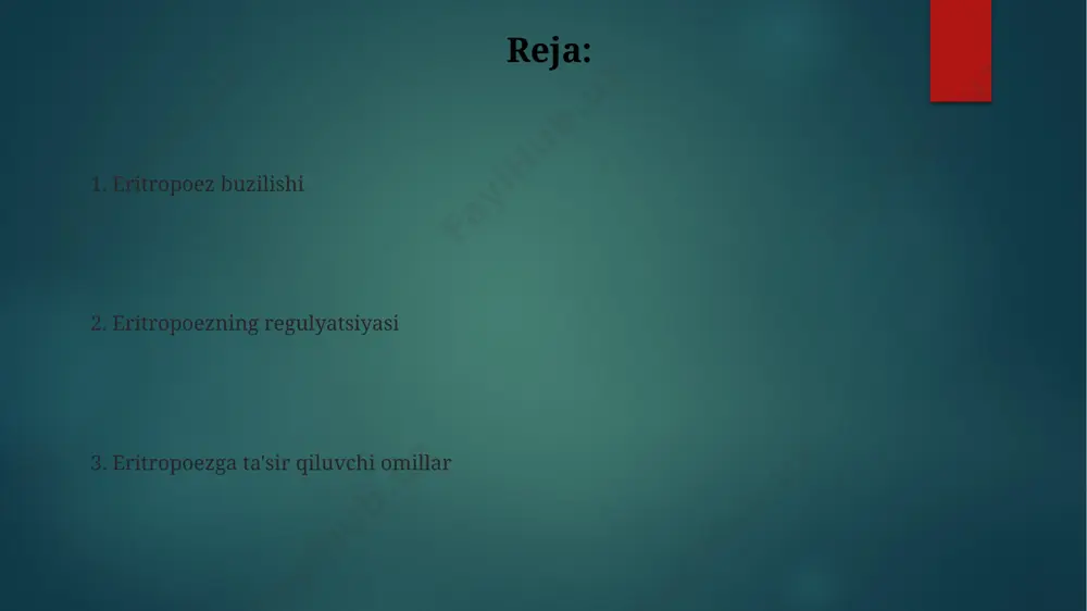 uyak koʻmigida, yaʼni qizil suyak koʻmigida sodir boʻladi. dori-darmonlarning ta'siri yuqori balandliklarda (masalan, 5000 metrdan yuqori) kislorod miqdorining pasayishi tufayli buyraklar eritropoetin ishlab chiqarishni kuchaytiradi, bu esa qon hujayralarining sonini ko'payishiga olib keladi, ammo bu jarayon uzoq muddatli ta'sirga ega bo'lishi mumkin va organizmda bir necha hafta davom etadi. suyak ko'mig'ida eritropoez uchun zarur bo'lgan temir, b12 vitamini va folat kislotasi kabi mikroelementlarning yetishmasligi, masalan, afrika mamlakatlarida keng tarqalgan ovqatlanishning yetarli emasligi sababli, eritropoezni sezilarli darajada pasaytiradi. gormonlarning ta'siri tiroksin (t4) gormoni, qalqonsimon bez tomonidan ishlab chiqariladigan, eritropoez jarayonini metabolizm tezligini tartibga solish orqali bilvosita ta'sir qiladi, bu esa optimal hujayra ko'payishi uchun zarur sharoitlarni yaratishga yordam beradi. testosteron kabi androgen gormonlari, ayniqsa erkaklarda, suyak ko'mig'ida eritropoezni kuchaytiradi va shu bilan qonning umumiy miqdorini oshiradi, bu esa sportchilarda 15% gacha o'sishini kuzatish mumkin. suyak ko'migining holati suyak ko'migining hujayra tarkibi, masalan, 30% dan kam bo'lsa, eritropoez sezilarli darajada pasayadi va …