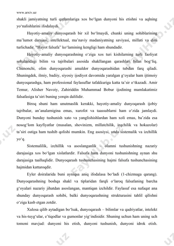 ik va izchillik yo‘q. sistemalilik, izchillik va asoslanganlik – olamni tushunishning nazariy darajasiga xos bo‘lgan xislatlardir. falsafa ham dunyoni tushunishning aynan shu darajasiga taalluqlidir. dunyoqarash tushunchasining hajmi falsafa tushunchasining hajmidan kattaroqdir. eyler doiralarida buni ayniqsa aniq ifodalasa bo‘ladi (1-chizmaga qarang). dunyoqarashning boshqa shakl va tiplaridan farqli o‘laroq falsafaning barcha g‘oyalari nazariy jihatdan asoslangan, mantiqan izchildir. faylasuf esa nafaqat ana shunday dunyoqarash sohibi, balki dunyoqarashning strukturasini tahlil qilishni o‘ziga kasb etgan zotdir. xulosa qilib aytadigan bo‘lsak, dunyoqarash – bilimlar va qadriyatlar, intelekt va his-tuyg‘ular, e’tiqodlar va gumonlar yig‘indisidir. shuning uchun ham uning uch tomoni mavjud: dunyoni his etish, dunyoni tushunish, dunyoni idrok etish. sistemaliligi, “izchilligi”, g‘oyalarning asoslanganligi holatiga qarab dunyoqarashni ikki darajaga bo‘lamiz: hayotiy-amaliy dunyoqarash va nazariy dunyoqarash. 2. dunyoqarashning tarixiy tiplari hodisa va voqeaning mohiyatini bilmoq uchun uning qanday vujudga kelganini anglamoq zarur. falsafiy dunyoqarash uzoq davom etgan evolyutsion jarayon mahsulidir. uning mohiyatini chuqurroq anglab olish uchun dunyoqarashning boshqa tarixiy …