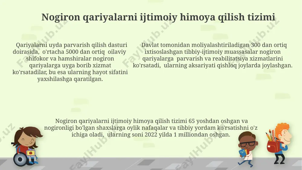 bilan hamkorlikda kamida 10 ta yangi reabilitatsiya dasturini joriy etish orqali ularning hayot sifatini yaxshilash mumkin. nogironlikning turli shakllari va ularga yondashuv sensorli nogironliklar, shu jumladan ko'rish va eshitish qiyinchiliklari, qariyalarni ijtimoiy izolyatsiyaga va ruhiy salomatlik muammolariga moyil qiladi, shuning uchun muloqot strategiyasini o'zgartirish zarur. kognitiv buzilishlar, masalan, demansning 60% ga yaqini qariyalar orasida uchraydi va ijtimoiy xodimlarga bemorlarning xavfsizligini ta'minlash va ularning mustaqilligini qo'llab-quvvatlash uchun maxsus yondashuvlarni talab qiladi. kognitiv buzilishlar, masalan, demansning 60% ga yaqini qariyalar orasida uchraydi va ijtimoiy xodimlarga bemorlarning xavfsizligini ta'minlash va ularning mustaqilligini qo'llab-quvvatlash uchun maxsus yondashuvlarni talab qiladi. texnik vositalar va moslashuvchan texnologiyalar tadqiqotlar shuni ko'rsatadiki, 2023 yilda aholi sonining 5% ini tashkil etadigan keksa nogironlarning 70% dan ortig'i moslashuvchan texnologiyalardan foydalanishdan manfaat ko'radi. keksa nogironlar uchun maxsus ishlab chiqilgan 30 dan ortiq turdagi texnik vositalar, masalan, yurish tayoqchalari, protezlar va qo'llab-quvvatlash moslamalari ularning mustaqilligini oshirishga yordam beradi. uy sharoitida qo'llaniladigan 15 ta …