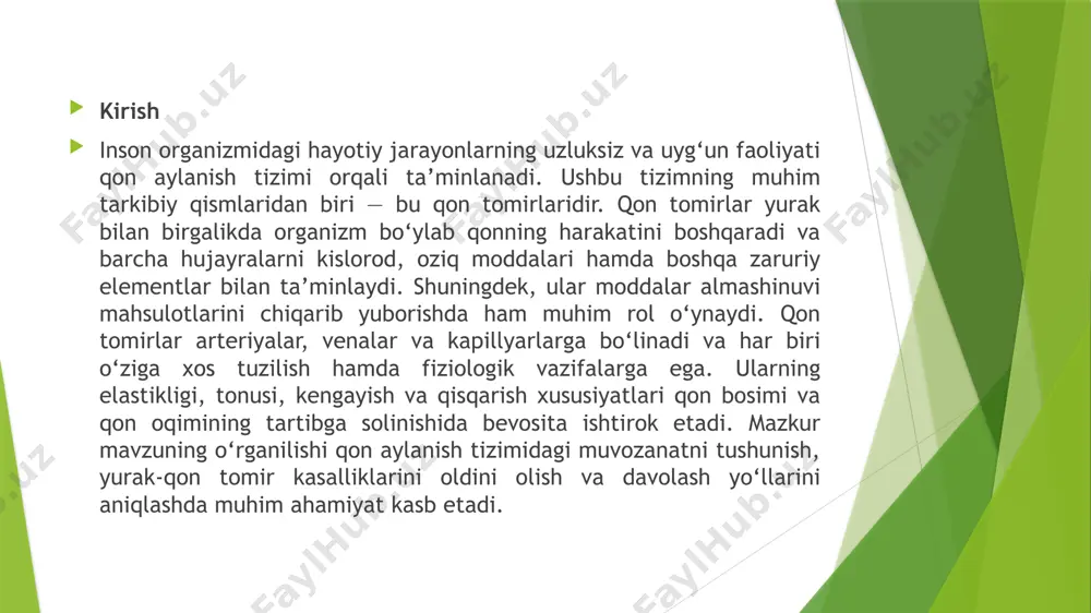 va qorinchalar qonga toʼladi, sistola vaqtida esa qon qorinchalardan yirik arteriyalarga - aorta va oʼpka arteriyasiga otilib chiqdi. bu arteriyalar yurakdan chiqadigan joyda yarim oysimon qopqoqlar bor, ular qonning yurakka qaytishiga yoʼl qoʼymaydi. boʼlmalar va qorinchalar oʼrtasida ham ikki (chap tomonda) va uch (oʼng tomonda) tavaqali qopqoqlar bor. аna shu qopqoqlar qorinchalar sistolasida qonni qorinchalardan boʼlmalarga qaytishiga toʼsqinlik qiladi. qon qorinchalarga tushishidan oldin yirik venalar orqali (kavak venalar va oʼpka venasi) boʼlmalarga qoʼyiladi. boʼlmalar sistolasi tufayli qon qorinchalarga oʼtadi. qonni yurakka yetkazib beradigan qon tomirlarni venalar, yurakdan chetga tarqatuvchilarini arteriyalar deb ataladi. qon tomirlari yurakdan uzoqlashan sari tobora maydalashib – ingichkalashib boradi. natijada ular juda mayda va ingichka tomirlar, yaʼni kapillyarlarga aylanadi. kapillyarlarning har biri odam sochidan 15 baravar ingichka keladi. odamda kapillyarlarning umumiy uzunligi – 1000000 km ga yetadi. toʼqimalar mayda qon tomirlari – kapillyarlar bilan taʼminlangan. ot boldir mushagining 1 mm2 koʼndalang kesimiga 1350, itda – 2630, dengiz …