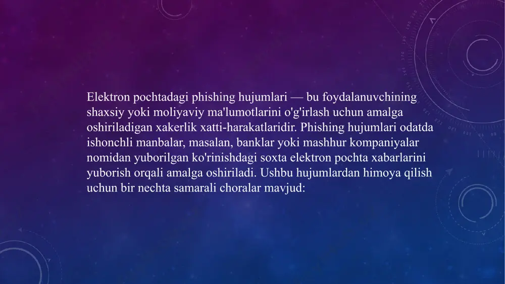 adi. ma'lumotni tasdiqlash: agar xabar muhim kompaniyadan yoki tashkilotdan kelgan bo'lsa, xabarni to'g'ridan-to'g'ri kompaniyaning rasmiy manzili yoki telefon raqami orqali tasdiqlang. doimiy yangilanishlar: operatsion tizim va dasturiy ta'minotingizni doimiy ravishda yangilab boring. yangilanishlar xavfsizlikni oshiradi va yangi tahdidlardan himoya qiladi. phishing hujumlaridan himoyalanishda eng muhim narsa ehtiyotkorlik va xabarlarga qarshi doimo tahlil qilishdir. etiboringiz uchun rahmat image3.png image4.png image5.png image6.png /docprops/thumbnail.jpeg