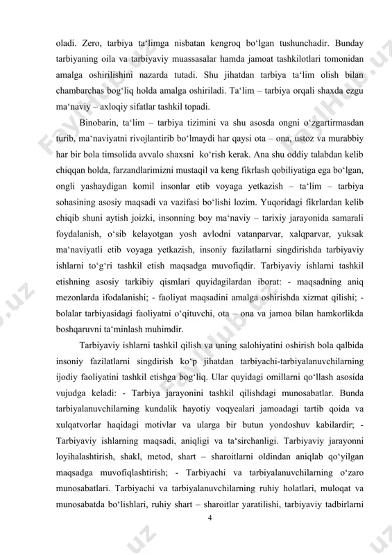 ijodiy faoliyatini tashkil etish. tarbiyaviy tadbirlarni tashkil qilishda o‘quvchi yoshlarning faolligi ko‘p jihatdan ixtiyoriylik, tashkilotchilik va ijodkorligiga bog‘liq; - tarbiyaviy ishlar ta‘lim jarayonida olgan bilimlariga uyg‘un bo‘lishi. tarbiyaviy ishlarni rejalashtirishda turli fanlarning integrasiyasi hisobga olish ijobiy xarakter kasb etadi. tarbiyaviy ishlar metodikasi yosh avlodni har tamonlama barkamol avlod qilib tarbiyalash, ular ongiga milliy g‘oyani singdirishda har tamonlama ta‘sir ko‘rsatadi. o‘zbekiston respublikasi konstitutsiyasida har bir fuqoroning ilm olishi, o‘z qobiliyatlarini har tamonlama rivojlantirish ta‘kidlanadi. ta‘lim to‘g‘risida qabul qilingan qonunda maktabning, unda amalga oshiriladigan ta‘lim-tarbiyaning mazmuni amalga oshirilishi lozim bo‘lgan tarbiyaning vazifalari belgilab berildi. ma‘lumki yosh avlodga tarbiya berish jarayonida maktab juda katta ahamiyat kasb etadi. talabalarga tarbiya berish, ularga ta‘lim berish bilan birgalikda amalga oshiriladi. ammo, tarbiyaning o‘z vazifasi, mazmuni, amalga oshirish usul va vositalari mavjud. o‘qish va tarbiya jarayonining uzviyligi ta‘lim muassasalari oldiga qo‘yilgan eng muhim pedagogik vazifalardan biri hisoblanadi. har bir fanning predmeti, o‘rganish obyekti, amalga oshirishi lozim vazifalari …