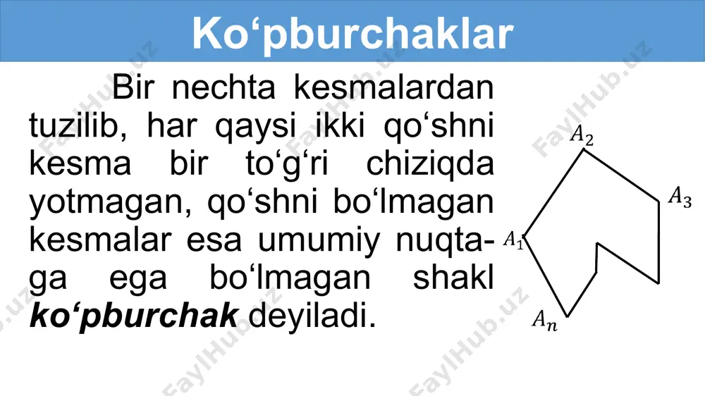 shqi burchagining xossasi teorema. qavariq n burchakning har bir uchidan bittadan olingan tashqi burchak-larining yig‘indisi 360°ga teng. a b c d e berilgan: qavariq n burchak a,b,c,…e - tashqi burchaklar isbot qilish kerak: a b c e isbot:(qo‘shni burchaklar) +…+= 180⁰n (ich.va tash. lar yig‘indisi) ichki burchaklar yig‘indisi: 180(n-2) ekanligi ma’lum. 180°n - 180°(n - 2) = 180°n - 180°n + 360° = 360° the end image1.png image210.png image3.png image4.png image5.png image6.png image9.png image10.png image11.png image12.png image13.png image14.png image15.png image16.png image17.png image7.png image19.png image20.png image21.png image22.png image23.png image24.png image25.png image26.png image27.png image28.png image29.png image2.png image32.png image33.png image34.png image8.png