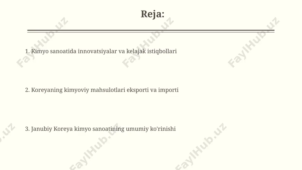 ichlar ishlab chiqarishda raqobatbardoshlikni saqlab qolish uchun katta miqdordagi investitsiyalarni amalga oshirib kelmoqdalar. davlat siyosati va qo'llab-quvvatlash choralari ximiya sanoatiga davlat tomonidan 2023 yilda 500 milliard von miqdoridagi subsidiyalar ajratilgan, bu tarmoqning rivojlanishiga jiddiy turtki bo'ldi. janubiy koreya hukumati kimyo sanoatidagi innovatsion loyihalarni moliyalashtirish uchun grantlar berish orqali 20% gacha foiz stavkasini kamaytirishga yordam beradi. asosiy kimyoviy mahsulotlar ishlab chiqarish koreyaning asosiy kimyo sanoati yuqori texnologiyalarga, masalan, katalizatorlar va reaktsiya jarayonlarini optimallashtirishga asoslangan holda, samaradorlikni oshirishga intiladi. mamlakatning asosiy kimyoviy mahsulotlar ishlab chiqarish hajmi yalpi ichki mahsulotning 2% dan ortiq qismini tashkil etadi va eksportning muhim qismidir. kimyo sanoatining texnologik taraqqiyoti koreya kimyoviy kompaniyalari biotexnologiya va nanotexnologiya kabi ilg'or texnologiyalarni faol ravishda qo'llaydilar, bu esa yangi materiallar va yuqori qo'shilgan qiymatli mahsulotlar ishlab chiqarishga imkon beradi. mamlakatda kimyo sanoatining rivojlanishiga katta hissa qo'shadigan 10 dan ortiq yirik kimyoviy korxonalar mavjud bo'lib, ularning umumiy daromadi milliy yalpi ichki mahsulotning 3% dan …