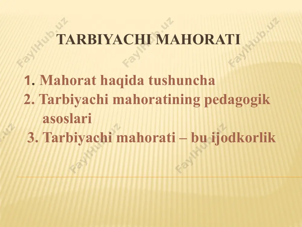 b boriladi. 1. buyruq mavqeida munosabatda bo’lish. favqulotda hol yuz berganda tarbiyaviy ishlarda bu turdan kam foydalanish zarur. 2. jalb qilish orqali o’z ishida sodiqligi, ishonchi, jamiyatga foyda ko’rsatish bilan o’quvchilarning o’qish, mehnat, sport, sayyohlik faoliyati doirasida ish tutadi. 3. bolalar faoliyatiga aralashmasdan kuzatib ish tutishni nazarda tutadi. yuksak maqsadlarga erishishda pedagog qo’yidagi ijobiy ta’sir ko’rsatishga rioya qilishi zarur: tarbiyaning hayot bilan birligi; axloqiy normalar va xulqning birligi, axloq va estetik aloqasi; bolalarga insonlarcha yondashish; talab va ishonch birligi; shaxsni hurmatlash; jinsini hisobga olish; jismoniy va axloqiy sog’lig’i uchun g’amxo’r bo’lishi; me’yor prinsip. adabiyotlar ro’yhati 1. “ilk qadam” maktabgach ta’lim muassasasi davlat o’quv dasturi. –t., 2017. 2. maktabgach ta’lim mussasalari namunviy nizomlari. – t., 2018. 3. ilk va maktbgacha yoshdgi bolalar rivojlanishiga qo'yiladigan davlat talablari. – t., 2017. 4. sodiqova sh.a. maktabgacha pedagogika. –t., “tafakkuri sarchmasi”, 2013 5. kayumova n.m. maktabgacha pedagogika. –t., tdpu nashriyoti, 2013 /docprops/thumbnail.jpeg
