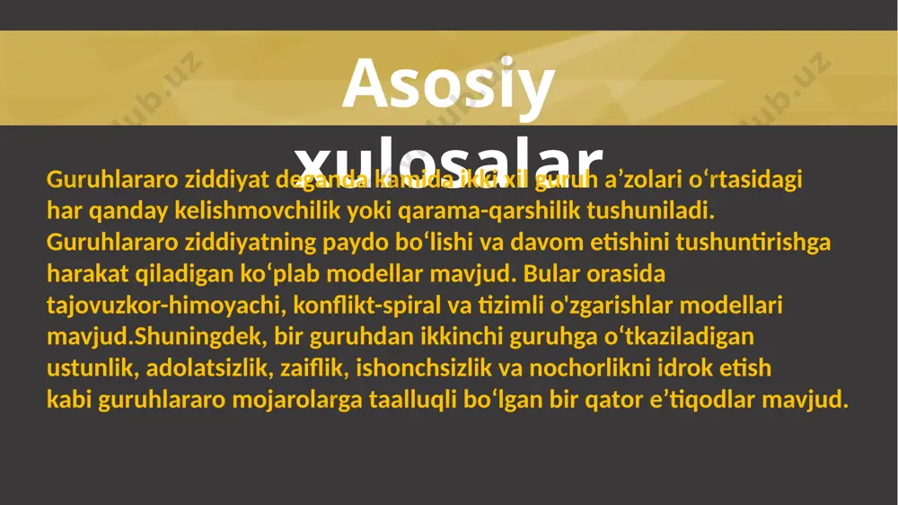 i haqidagi doimiy tushunchasi atrofida aylanadi. atamalar bular bilan ham tanishib chiqamiz 76% 70% 50% 80% 88% adolatsizlik guruhlararo to'qnashuvga olib keladigan ikkinchi e'tiqod - bu odamga nisbatan adolatsiz munosabatda bo'lganligiga ishonish zaiflik guruhlararo mojaroga olib kelishi mumkin bo'lgan uchinchi e'tiqodlar to'plami - bu boshqalar tomonidan zarar ko'rishga moyil ekanligiga ishonish. ishonchsizlik guruhlararo mojaroga olib kelishi mumkin bo'lgan to'rtinchi e'tiqod - ishonchsizlik. ojizlik guruhlararo mojaroga olib kelishi mumkin bo'lgan e'tiqodlarning beshinchi va oxirgi to'plami bu nochorlikdir. 01 ma’lumotlar nularni ham ko’rib chiqamiz 1 2 guruh hajmi muhim omillardan biri bu guruh hajmi. boshqa hamma narsa teng bo'lsa, guruhdagi odamlar soni qanchalik ko'p bo'lsa, guruhlararo mojaroga aralashish ehtimoli shunchalik yuqori bo'ladi. tarkibi yana bir muhim omil - kompozitsiya. guruh qanchalik xilma-xil bo'lsa, ya'ni uning a'zolari irqi, etnik kelib chiqishi, dini, jinsi, yoshi va boshqalar jihatidan qanchalik xilma-xil bo'lsa, guruhlararo konfliktda qatnashish ehtimoli shunchalik yuqori bo'ladi. 3 maqsadlarning mos kelmasligi ikki guruhning …