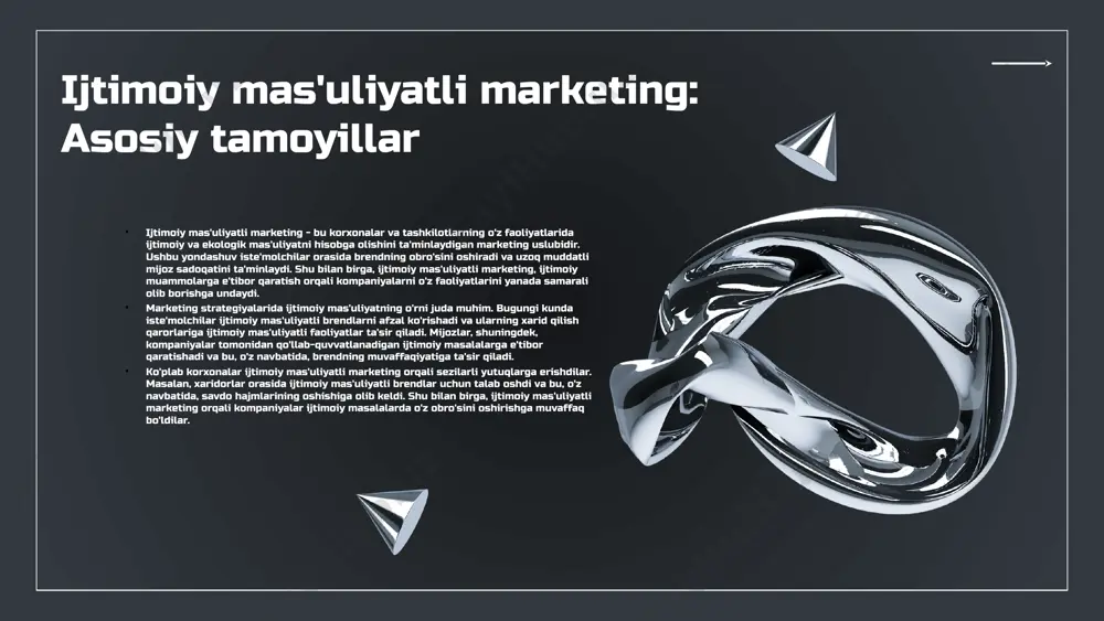 tli marketing brend obro'sini oshirishda muhim rol o'ynaydi. bunday marketing strategiyalari orqali brendlar ijtimoiy mas'uliyatni o'z ichiga olgan faoliyatlarini ko'rsatish bilan mijozlarning ishonchini oshiradi. masalan, "toms shoes" brendi har bir sotilgan poyabzal uchun bir juft poyabzalni behuda joylarda taqdim etadi, bu esa ularning ijtimoiy mas'uliyatli imidjini mustahkamlashga yordam beradi. shuningdek, "ben & jerry's" brendi ekologik masalalarni qo'llab-quvvatlaydi va ijtimoiy adolat haqida o'z fikrlarini ochiq bayon etganligi bilan mashhur. ushbu misollar, brend obro'sini ijtimoiy mas'uliyatli marketing orqali qanday qilib oshirish mumkinligini ko'rsatadi. photo by jezael melgoza on unsplash ijtimoiy mas'uliyatli marketing: foydalar va strategiyalar ijtimoiy mas'uliyatli marketingning foydalari ijtimoiy mas'uliyatli marketing brendning obro'sini oshiradi, iste'molchilar bilan ishonchni mustahkamlaydi, va ijtimoiy muammolarni hal qilishda yordam beradi. bu marketing strategiyasi orqali kompaniyalar ijobiy imidj yaratadi. swot tahlili: kuchli va kuchsiz tomonlar kuchli tomonlar: brend obro'sini oshirish. kuchsiz tomonlar: resurslar yetishmasligi. imkoniyatlar: yangi bozorlarni o'zlashtirish. tahdidlar: raqobatchilar tomonidan bosim. ijtimoiy mas'uliyatli marketing: ta'rif va …