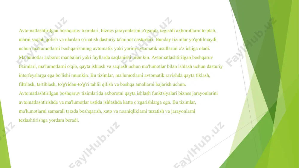 ida hisobotlar generatsiya qilish, xatolarni aniqlash va ko'rsatish, vaqt va resurslarni tejash imkonini beradi. avtomatlashtirilgan boshqaruv tizimlarida axborotni qayta ishlash funksiyalari, ishlab chiqarish jarayonlarini samarali va effektiv hollarda boshqarishga imkon beradi. ular, ma'lumotlarni avtomatik tarzda sinxronlashtirish, to'plash, tartiblash, filtratsiya qilish, statistikalar va ko'rsatmalar generatsiya qilish imkonini beradi. bunday tizimlar, ishlab chiqarish jarayonlarini tezlashtirish, xatolarni kamaytirish, ma'lumotlarga oid noaniq holatlarni aniqlash va ish faoliyatini optimallashtirish imkoniyatlarini taqdim etadi. avtomatlashtirilgan boshqaruv tizimlari ishlab chiqarish jarayonlarini optimallashtirishga quyidagi usullarda yordam beradi: ma'lumotlarni to'plash va tahlil qilish: avtomatlashtirilgan boshqaruv tizimlari, ishlab chiqarish jarayonlarida generatsiya qilingan ma'lumotlarni to'playdi va ularni tahlil qiladi. bu tahlil, ishlab chiqarishning turli yo'nalishlarini o'rganish, xatolarni aniqlash, ish faoliyatini taqqoslash va optimallashtirishga imkon beradi. ma'lumotlar ustida analitika: avtomatlashtirilgan boshqaruv tizimlari, ma'lumotlar ustida analitika amalga oshiradi. bu analitika, ishlab chiqarish jarayonlaridagi yaxlitlashmalar, xaridorlar, omborlar, sotishlar, mahsulotlar va boshqa yo'nalishlar bo'yicha statistikalar, trendlar va ko'rsatmalarni generatsiya qilish imkonini beradi. bu ma'lumotlar, ishlab chiqarishning …