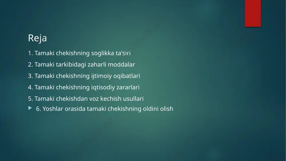 ki tarkibidagi zaharli moddalar tamaki chekish ijtimoiy hayotga ham salbiy ta'sir ko'rsatadi. ko'plab odamlar chekish tufayli atrofdagilarga noqulaylik tug'diradi. chekish jamoat joylarida taqiqlangan va bu qoidani buzganlar jazolanishi mumkin. chekish oilaviy munosabatlarga zarar yetkazishi mumkin. chekuvchilar ko'pincha atrofdagilar tomonidan salbiy qabul qilinadilar. chekish bolalar uchun yomon namuna bo'lib ularning chekishga moyilligini oshiradi. chekish jamiyat uchun iqtisodiy yuk hisoblanadi. chekish tufayli ko'plab odamlar kasal bo'lib ishga chiqa olmaydilar. chekish ijtimoiy hayotga kirishuvchanlikni pasaytiradi. chekishning oldini olish jamiyat uchun muhim vazifadir. tamaki chekishning ijtimoiy oqibatlari tamaki chekishning iqtisodiy zararlari juda katta. chekuvchilar sigaret sotib olishga ko'p pul sarflaydilar. chekish tufayli ko'plab odamlar kasal bo'lib ishlay olmaydilar. kasalliklarni davolashga ko'p mablag' sarflanadi. tamaki chekish tufayli ish unumdorligi pasayadi. davlat tamaki chekishning salbiy oqibatlarini bartaraf etish uchun ko'p mablag' sarflaydi. tamaki chekish tufayli iqtisodiyotga katta zarar yetkaziladi. tamaki chekishning oldini olish iqtisodiyotni rivojlantirishga yordam beradi. tamakidan voz kechish iqtisodiy jihatdan ham foydali hisoblanadi. sog'lom …