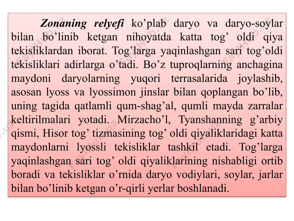 ti. moddalar biologik aylanishining muhim xususiyati – har yili efemer – cho’l o’simliklari biomassasining ko’p qismi (75% gacha) yerga tushishi (60-100 s/ga), ularning 80-90% kul elementlari va azotni ko’p saqlaydigan ildiz sistemalardan tashkil topishidir. bo’z tuproqlar zonasidagi moddalar biologik aylanishining asosiy xususiyati – o’simlik qoldiqlarining jadal parchalanishidir. bahorda o’simliklar juda kuchli rivojlanadi, jadal gumus hosil bo’ladi va shu bilan birga turli organizmlar ta’sirida organik moddalarning kuchli minerallashish jarayoni sodir bo’ladi. bo’z tuproqlar mikroorganizmlarga boy (nitrat hosil qiluvchi, azot to’plovchi bakteriyalar), protozoa, chuvalchanglar, qurt-qumursqalar, sudralib yuruvchilar ko’pligi tufayli tuproq tuzilishi va organik moddalar parchalanishiga katta ta’sir etadi. bo’z tuproqlar o’ziga xos tuzilishga ega. odatda tuproq profilining yuqori qismida gumus kam bo’lganidan uning rangi och va ona jinslar tusidan uncha farq qilmaydi. a1-gumusli gorizont, qalinligi 12-17 sm, usti chimlangan, bo’z yoki och-bo’zg’ish tusli, ko’pincha changsimon-qumoq, tangasimon-mayda uvoqli strukturali; ab-o’tuvchi gorizont, 15-25 sm; sarg’ish malla bo’z, asosan changli qumoq, tez uvalanib ketadigan chidamsiz …