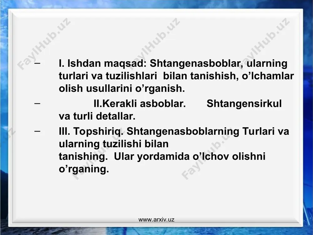 qisuvchi vint www.arxiv.uz www.arxiv.uz 2-rasm. a) umumiy ko’rinishi, b) to’g’ri o’rnatilgan c) noto’g’ri o’rnatilgan. www.arxiv.uz www.arxiv.uz agar noniusning nol’ bo’linmasi (shtrixi) asosiy shkalaning nol’ bo’linmasi bilan birlashtirilsa (3-rasm), u xolda noniusning birinchi bo’linmasi asosiy shkala (shtanga) ning birinchi bo’linmasidan shkalalar interballarining ayirmasi qiymatiga, ya’ni 0,1 mm ga siljiydi; ikkinchi bo’linma 0,2 mm ga siljiydi van h, noniusning o’ninchi bo’linmasi esa bir mm ga siljib, shtanga asosiy bo’linmasining to’qqizinchi bo’linmasiga to’g’ri keladi. noniusni yana dabom ettirish foydasiz bo’ladi, chunki bu ish nonius shtrixlarining asosiy shtrixlariga nisbatan siljishining qaytarilishiga olib keladi xolos. shuningdek, nonius bo’yicha hisoblash kattaligini asosiy shkala intervalini noniusdagi bo’linmalar soniga bo’lib hosil qilish mumkin. ko’rilayotgan misolda bu 1mm/10 = 0,1 mm bo’ladi. www.arxiv.uz www.arxiv.uz 3-rasm www.arxiv.uz www.arxiv.uz 0-125 0-160 0-25 0-125 0-160 0-250 0-400 250-630 320-1000 500-1600 800-2000 1500-3000 2000-4000 6-150 0-150 0-90 14-320 0-160 0-250 0-400 0-250 40-400 60-630 100-1000 600-1600 1500-2500 o’lchash www.arxiv.uz nomi shtangen asboblarning tipi …
