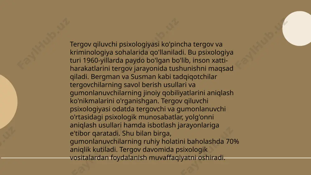 axminan 54% atrofida. yolg‘onni aniqlash uchun yuz ifodalari, tovush ohangi va tana tilidan foydalaniladi. masalan, yaponiyalik tadqiqotchi professor masayuki numao boshchiligidagi guruh 2020-yilda sun’iy intellekt yordamida inson yuzidagi mikro ifodalarni aniqlab, yolg‘onni 73% aniqlashga yarasha tizim yaratgan. shu bilan birga, ko‘z tekshiruvlari va yuzdagi qizarish kabi biometrik belgilar ham yolg‘onchilarning qo‘lga tushish ehtimolini oshiradi. firibgarlikni aniqlashda muqobil usullar hali ham rivojlantirilmoqda. ... t.me/slaydai_bot tergov jarayonida stress va bosim inson psixologiyasiga salbiy ta'sir ko'rsatishi mumkin. taxminan 80% tergov paytida ishtirokchilar yuqumli stress belgilarini his qiladilar. emosional bosim ko'pincha mantiqan o'ylash va xotirani kamaytiradi. statistikakaga ko'ra, dindirilgan odamlarning 40% tergov jarayonida aniq ma'lumotlarni eslashda qiynaladi. stress ko'rsatkichi yuqori bo'lgan holatlarda, ko'rsatmalar aniq va ishonchli bo'lish ehtimoli qariyb 30% ga kamayadi. shu sababli, tergovchilarga stressni kamaytiruvchi texnikalarni qo'llash tavsiya etiladi. 2020 yilda o‘tkazilgan tadqiqotga ko‘ra, samarali strategiyalar 20% ga stres darajasini kamaytirishi mumkin. tergov jarayoni shaxslarga sezilarli ta’sir ko‘rsatadi va ehtiyotkor yondashuvlarning zarurligini …