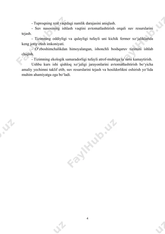 ash datchigi ishlash printsipi: tayoqchalar tuproqqa joylashtirilganda, tuproqning elektr o‘tkazuvchanligi o‘lchanadi. namlik darajasi qanchalik yuqori bo‘lsa, o‘tkazuvchanlik shunchalik katta bo‘ladi. signal moduli o‘tkazuvchanlik darajasiga asoslangan holda analog yoki raqamli signal hosil qiladi. analog chiqish: tuproq namligini foizlarda ko‘rsatadi (0 dan 1023 gacha). raqamli chiqish: oldindan belgilangan namlik darajasi bo‘yicha on/off signal beradi. quvvat talabi: 3.3v yoki 5v. afzalliklari: - arzon va oson o‘rnatiladi. - kichik va ixcham dizayn. kamchiliklari: - tuproqqa uzoq vaqt joylashtirilsa, korroziya bo‘lishi mumkin. - aniq natijalar olish uchun tuproq turi va tuzilishini hisobga olish kerak. tuproq namlik datchigi ushbu tizimda tuproqdagi suv darajasini o‘lchab, arduino mikrokontrolleriga ma’lumot yetkazib beradi. suv nasosi tizimning asosiy ijrochi qismi bo‘lib, tuproq namlik darajasi past bo‘lganda ishlashga tushadi va kerakli miqdorda suv yetkazadi. loyihada mini 12v suv nasosi yoki kichik elektr nasosdan foydalanish tavsiya etiladi. 3-rasm. suv nasosi nasosning asosiy ko‘rsatkichlari: - quvvat talabi: 12v dc yoki 5v dc (tanlangan modelga …