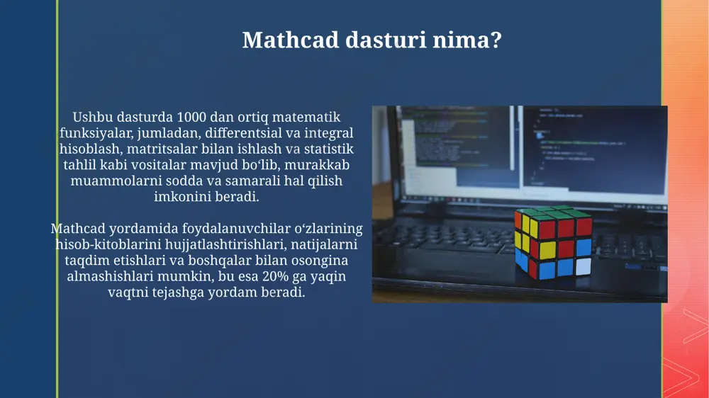 chamli matritsalarni ko'paytirish, teskari matritsani topish va determinantni hisoblash kabi operatsiyalarni soddalashtiradi. funksiyalarni aniqlash va ularning grafiklarini chizishda mathcad 1000 dan ortiq turdagi matematik funksiyalarni qo'llab-quvvatlaydi va bu funksiyalar argumentlarini o'zgartirish orqali grafiklarni interaktiv ravishda tahlil qilish imkonini beradi. simvolik hisoblashlar simvolik integrallash va differentsiallash amallarini bajarishda mathcad funksiyalarni, masalan, sin(x) yoki eˣ kabi murakkab funksiyalarni ham qayta ishlash imkonini beradi, bu esa aniq sonli hisoblashlardan ancha samarali. mathcad yordamida tenglamalar sistemasini, jumladan, 3 ta noma'lumli 3 ta tenglama sistemasini simvolik usulda yechish va yechimlarni tahlil qilish mumkin, bu esa matematik modellashtirishda foydali. mathcad interfeysi bilan tanishuv mathcad interfeysi 2d va 3d grafiklarni yaratish, murakkab matematik ifodalarni 100 dan ortiq funksiyalar yordamida hisoblash imkoniyatini beradi. interfeysda matn, formula va grafik elementlarni osongina joylashtirish va ular orasidagi bog'liqliklarni 5-10 soniya ichida o'rnatish mumkin. tenglamalarni yechish tenglamalarni yechish jarayonini vizualizatsiya qilish uchun mathcad grafikalarni chizish va natijalarni jadval shaklida taqdim etish imkonini …