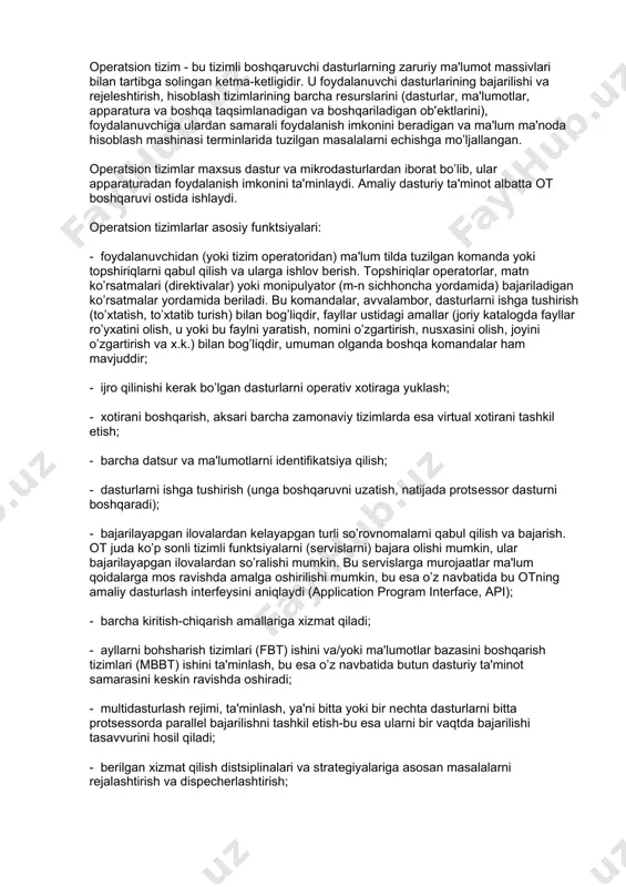 ash, uni ochish, o’hish va yozish amallarini bajarish va faylni yopishdan iboratdir. m-n, bunda, chastotali modulyatsiyani mukammalashtirish yoki o’hiydigan mexanizm “golovka” lari holati, joyini o’zgarish kabi savollar foydalanuvchinibezovta qilishi kerak emas. dasturchidan qurilmalar (apparatura) mohiyatini hammasini yashirib, unga ko’rsatilgan fayllarni qulay va sodda o’hish, yoki yozish, ko’rishni imkonini beradigan dastur- bu albatta ot dir. xuddi shu kabi, ot dasturchilarni disk jamlamasi apparaturasidan ajratib, unga oddiy fayl interfeysini taqdim etadi, va bu holda ot uzilishlarni qayta ishlash, taymerni va operativ xotirani boshqarish va talay shu kabi quyi darajadagi muammolar bilan bog’liq yohimsiz amallarni o’z zimmasiga oladi. har bir holda, foydalanuvchi, real apparatura bilan ish ko’rish o’rniga muloqot uchun qulay va soddadir. bu nuqtai nazardan, ot foydalanuvchiga ma'lum kengaytirilgan yoki virtual mashinani taqdim etadiki, uni dasturlash ham oson va u bilan ishlash soddadir, albatta bu real mashina takshil etadigan apparatura bilan bevosita ishlash qulay va yengildir. operatsion tizimlar resurslarni boshqaruvchi sifatida. operatsion …