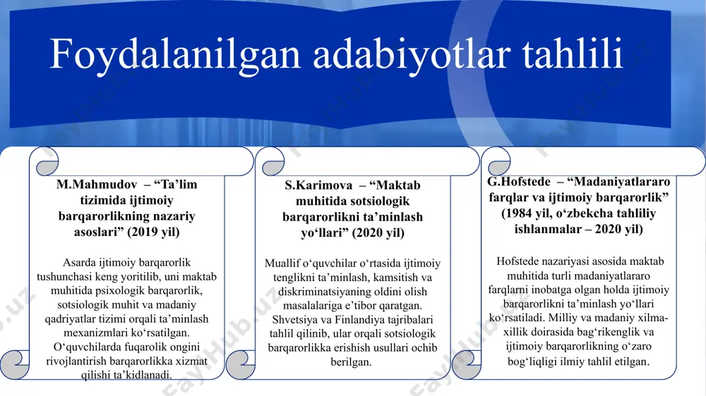 lar bir-biriga yordam berish, jamoadagi muammolarni birgalikda hal qilishga o‘rgatiladi. t/r o‘zbekistonda amaldagi holat xorijiy davlatlarda amaldagi holat takliflar 1 o‘zbekistonda so‘nggi yillarda maktabda ijtimoiy barqarorlikni ta’minlash bo‘yicha muhim ishlar amalga oshirilmoqda. respublikamizda har bir o‘quvchi, ota-ona va pedagog manfaatlari davlat tomonidan muhofaza qilinadi. buyuk britaniyada maktablar o‘z ichki nizomi asosida o‘quvchilar va o‘qituvchilar o‘rtasida ijtimoiy barqarorlikni ta’minlaydi. har bir maktabda o‘quvchilarning huquqlari va manfaatlarini himoya qilish, zo‘ravonlik va tazyiqlarning oldini olish bo‘yicha aniq tizim ishlab chiqilgan. maktablar psixologlar, sotsial mutaxassislar, maslahat kengashlari bilan doimiy hamkorlik qiladi. buyuk britaniya tajribasi asosida maktabdagi ijtimoiy-ruhiy muhitni baholovchi indikatorlar ishlab chiqilishi va har chorakda tahlil qilinishi kerak. 2 so‘ni yillarda ta’limga qaratilayotgan e’tibor tufayli maktabda barqaror muhit yaratish ustuvor yo‘nalishga aylangan. “mehr va e’tibor”, “ochiq muloqot”, “oila – maktab hamkorligi” kabi g‘oyalar asosida o‘quv muhitida sog‘lom ijtimoiy muhit shakllanmoqda. janubiy koreyada maktablar o‘quvchilarni jamiyatdagi muhim a’zo sifatida ko‘radi. maktabda ijtimoiy barqarorlikni ta’minlash uchun …