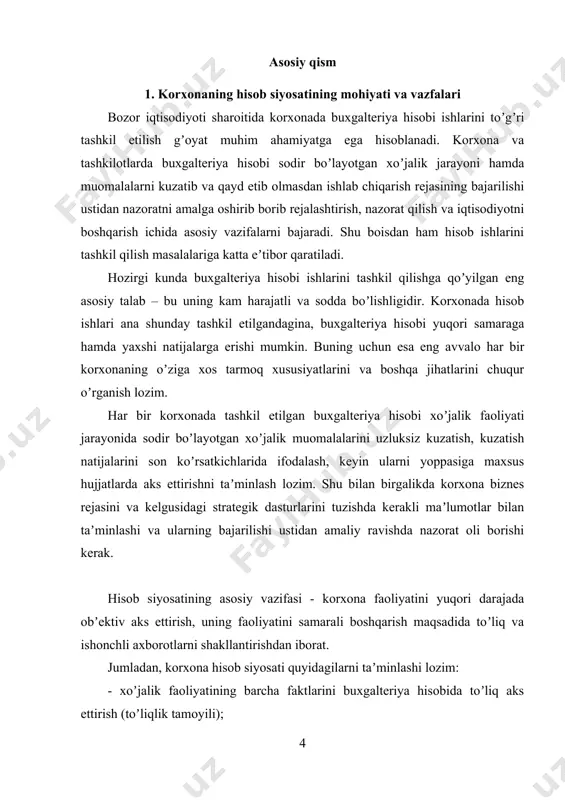 k (ehtiyotkorlik tamoyili); - xoʼjalik faoliyati faktlarini nafaqat ularning huquqiy shaklidan kelib chiqqan holda, balki iqtisodiy mazmuni va xoʼjalik yuritish sharoitlaridan kelib chiqqan holda buxgalteriya hisobida aks ettirish (mazmunning shakldan ustuvorligi tamoyili); - har oy oxiriga sintetik hisob schyotlari boʼyicha qoldiq va oborotlarning analitik hisob maʼlumotlariga tengligi (oʼzaro zid boʼlmaslik tamoyili); - korxonaning hajmi va xoʼjalik faoliyatining shart-sharoitlaridan kelib chiqqan holda buxgalteriya hisobini oqilona yuritish mamlakatimizda buxgalteriya hisobi boʼyicha umumiy rahbarlik qilish vazifasi oʼzbekiston respublikasi moliya vazirligining buxgalteriya hisobi va auditi uslubiyati boshqarmasi zimmasiga yuklatilgan. bu boshqarma dastlabki hisob masalalari boʼyicha xalq xoʼjaligi tarmoqlariga umumiy rahbarlik qilib, buxgalteriya hisobi boʼyicha kadrlar tayyorlash va ularning malakasini oshirish boʼyicha ish olib boradi hamda dastlabki hisobning tipik shakllarini ishlab chiqib, nashr qildiradi, barcha xoʼjalik yurituvchi subʼektlar uchun majburiy boʼlgan hisob va hisobot masalalari boʼyicha yoʼriqnoma, uslubiy koʼrsatmalar ishlab chiqadi. buxgalteriya hisobini toʼgʼri tashkil qilish boʼyicha metodologik rahbarlik ham moliya vazirligining buxgalteriya hisobi va …
