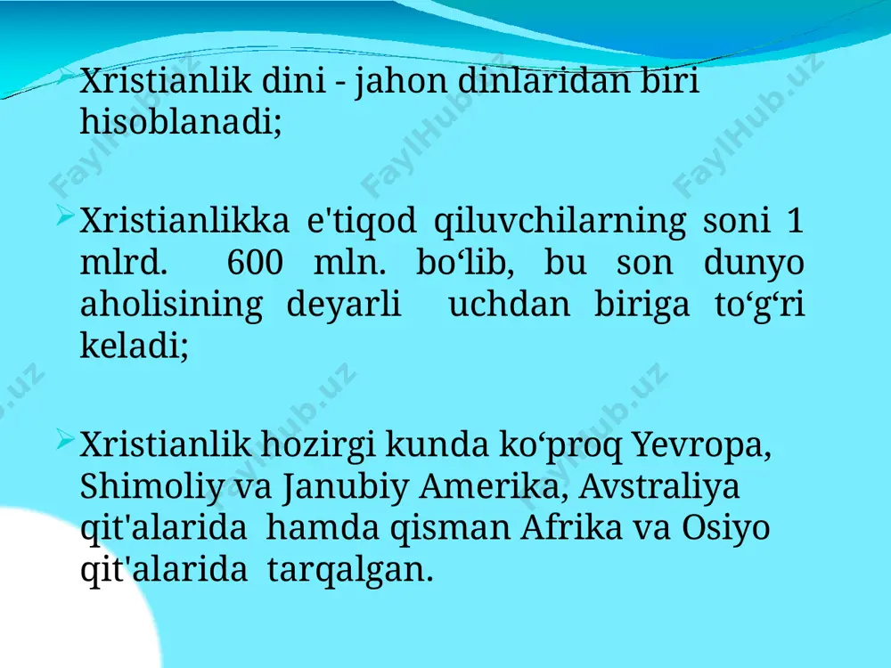 istianlikdagi oqimlar: katolik oqimi (taxminan 800 mln. kishini) asosan : yevropa, osiyo, afrika lotin amerikasi mamlakatlarida tarqalgan. katolitsizm ma'nolarni ifodalaydi. umumiy, dunyoviy degan uning birinchi yepiskopi apostol petr bo‘lgan. katolitsizmda bibliyani sharhlash huquqi faqatgina ruhoniylarga beriladi, chunki ular uylanmaslik haqidagi diniy talabga amal qiladilar. xristianlikdagi oqimlar: protestantlik (protestantizm)(taxminan 647 million kishini tashkil etadi ) - (lotincha - norozi bo‘lish, kelishmaslik) - xvi asrda katoliklik yo‘nalishidan ajralib chiqqan xristianlikdagi uch asosiy yo‘nalishlardan biri protestantizmning ilk shakllari: lyuteranlik:; svinglichilik; kalvinizm; unitarizm va sotsinchilik; anabaptizm; mennonitlik; anglikanchilik hozirgi vaqtda protestantizm dunyoning barcha qit'alarida keng tarqalgan. uning jahon markazi aqshda, bu yerda: baptist; adventist; iyegova shohidlari va boshqalarning qarorgohlari joylashgan. o‘rta osiyo xalqlari tarixida xristian dini: bu dinni mahalliy aholi orasida tarqatuvchilar o‘rta osiyoning turli viloyatlariga milodning iii asrlarida kirib kelganlar. 280 yilda talos (marke) cherkovlari qurilib bo‘lgan; samarqandda (310 yildan); marvda (334 yildan); hirotda (430 yildan); xorazmda va markaziy osiyoning boshqa shaharlarida yepiskoplik, …