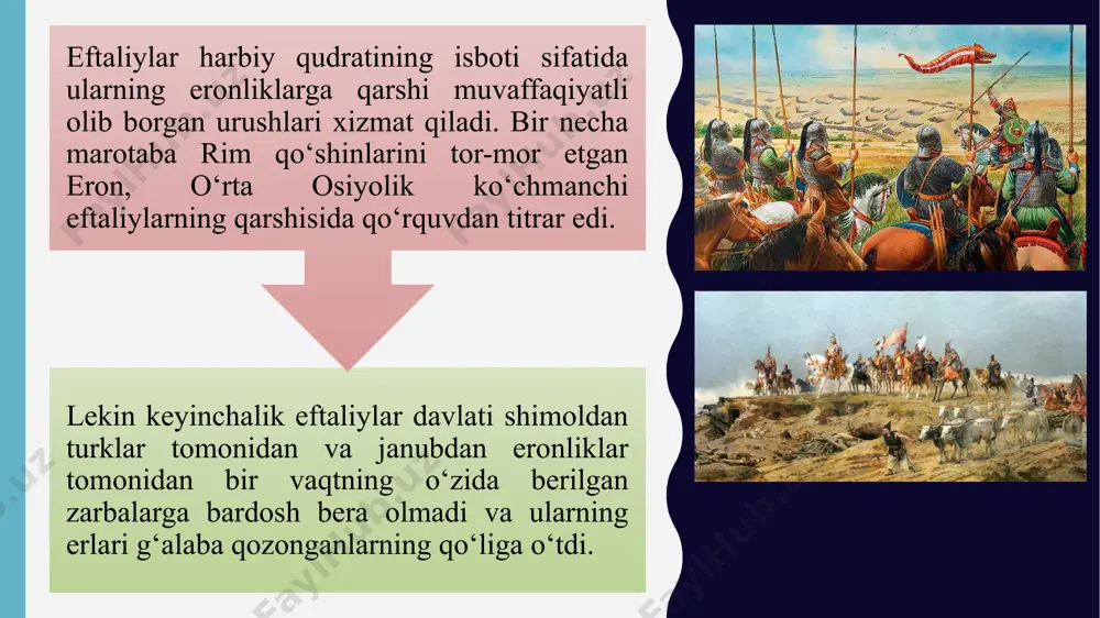 ‘dirishgan keyinchalik ham turk qoʻshinlarining asosini oʻq va yoy bilan qurollangan yengil otliklar tashkil etgan boʻlib, ular tarqoq saf tortgan holda harakat qilishgan. yozma manbalarda turklarning otda turib kamondan mohirlik bilan oʻq uzishlari alohida taʼkidlagan. arab, fors, yunon, slavyan va boshqa tillardagi manbalarda xam turklarning jangovar koʻshini odatda otliqlardan iborat boʻlganligi qayd etilgan. xoqonlikning asosiy qoʻshini turkiy urugʻlardan iborat boʻlgan. turk xoqonligida barcha erkaklar xarbiy xizmatni bajarishga majbur edi. xitoy yilnomalarida berilgan taʼrifga koʻra, “jangda qurbon boʻlishni sharaf deb bilishgan, kasallik tufayli vafot etish esa uyat hisoblangan”. bu maʼlumot xoqonlikdagi har bir harbiy kishining jangovar ruhda tayyorlanganini koʻrsatadi. xulosa foydalanilgan adabiyotlar ro‘yxati 1) boboyorov gʻaybulla. gʻarbiy turk hoqonligining davlat tuzumi / gʻ. boboyorov; masʼul muharrir m. isʼhoqov; oʻzrfa, abu rayhon beruniy nomidagi sharqshunoslik in-ti. - t.: yangi nashr, 2018. - 356 b. durmenov sh.n. harbiy tarix. –t.: 2020. - 562 bet. 3) насимхон раҳмон. турк хоқонлиги. – т.: абулла қодирий, …