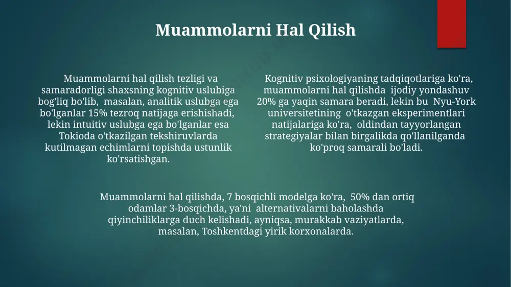 o'rganadi. albet banduraning ijtimoiy kognitiv nazariyasi inson xatti-harakatlarini 3 ta asosiy omil: shaxsiy omillar, atrof-muhit va xulq-atvor o'rtasidagi o'zaro ta'sir orqali tushuntiradi, bu 1960-yillarda stenford universitetida ishlab chiqilgan. bandura o'z nazariyasida kuzatish orqali o'rganishning ahamiyatini ta'kidlab, bolalar 7 yoshga yetganda, kattalarning xatti-harakatlarini kaliforniya shtatida o'tkazilgan eksperimentlar asosida tahlil qilib ko'rsatgan. qaror qabul qilish heuristik metodlar, masalan, "mualliflik xatosi" qarorlarni tezlashtirsa-da, taxminan 10% hollarda notoʻgʻri natijalarga olib kelishi mumkin, bu esa germaniyada olib borilgan tadqiqotlar orqali tasdiqlangan. kognitiv dissonans nazariyasi qaror qabul qilishdan keyin paydo boʻladigan ichki ziddiyatlarni, masalan, 200 dan ortiq variant orasidan 1 tasini tanlashdan keyin, xitoyning guanjou shahrida oʻtkazilgan eksperimentda koʻrsatilganidek, tushuntirib beradi. qaror qabul qilish jarayonida 75% hollarda odamlar 3 ta variantdan kamroqni koʻrib chiqishadi, bu esa aqsh psixologlari tomonidan oʻtkazilgan tadqiqotlar natijalarida aniqlangan. albert ellisning ratsional emotiv xulq-atvor terapiyasi rextning samaradorligi turli xil psixologik muammolar, jumladan, tashvish va depressiya uchun, 20 dan ortiq ilmiy tadqiqotlar bilan …