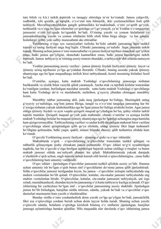 narsa yasli yoshidagi bolalar orasida o‘tkazilgan ilmiy tadqiqotlar asosida isbotlangan. agar katta yoshdagi odamlar bola bilan munosabatda bo‘lmasalar, bola bilan “gaplashmasalar” va o‘ynamasalar, u aqliy va hissiy taraqqiyot jihatdan keskin suratda orqada qolib ketadi. shaxs ong egasi bo‘lgan odamdir, ong esa faqat tabiiy hodisalar olaminigina aks ettirib qolmay, balki shaxs insoniyat tajribasi asosida to‘plangan narsalar bilan munosabatda bo‘ladigan ijtimoiy ong mahsulotlarini ham aks ettiradi. bola o‘yinga adabiy qahramonga taqlid qilishiga intilishi, munozaralarda qatnashishi - bularning hammasi maktab o‘quvchisi shaxsini faolligining namoyon bo‘lishidir. bola shaxsini tarkib topishi jamoada amalga oshadi. bundan bola avvalo o‘zi haqida uchinchi shaxs tilidan gapiradi. masalan: “aqidani o‘ynagisi kelyapti”. undan keyin bolani o‘z-o‘zini anglashining sodda shakli sifatida o‘z xarakter hislatlarini anglash yuzaga keladi. lekin faqat yoshlar jamoasining boshqa a’zolari bilan bo‘ladigan munosabatdagina bolaning o‘z-o‘zini anglashi jamoada o‘z rolini anglash darajasigacha ko‘tariladi. boshqalar uni “yaxshi” yoki “yomon” deb baho berishlarini tushungandan keyingina bola o‘z-o‘ziga baho berishni o‘rganadi. mana …