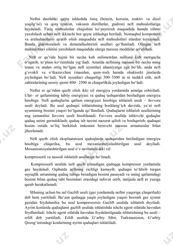 ikatlarga egadir. zavod mahsulotlariga 2005 yil halqaro iso–9001 sifat sertifikati berildi. sho‘rtan gaz kimyo majmuasi mahsulotlarining 70 % i ovropa mamlakatlari (italiya, gollandiya, polsha, vengriya, turkiya), osiyo (eron, pokiston, xitoy) va mdh davlatlari (rossiya, ukraina, ozarbayjon, qirg‘iziston, tojikiston) ga eksport qilinmoqda. «o‘zbekneftegaz» mxk «petronas» (malayziya) va «sasol» (jar) bilan hamkorlikda sho‘rtan gkm tozalangan metani bazasida gtl texnologiyasi bo‘yicha sintetik suyuq yoqilg‘i ishlab chiqaruvchi qo‘shma korxona qurilishi, qiymati 2,8 mlrd. dollar bo‘lgan loyiha asosida 2017 yilda ishga tushiriladi. loyihadagi zavod yiliga 3,5 milliard metr kub gazni qayta ishlab, 672 ming tonna dizel yoqilg‘isi, 278 ming tonna aviakerosin, 361ming tonna nafta hamda 63 ming tonna suyultirilgan gaz ishlab chiqarishga mo‘ljallangan. bu esa, evro–4 va evro– 5 standartlariga javob beruvchi dizel yoqilg‘isi, kerosin, nafta va suyultirilgan gaz ichki bozor va eksportga chiqarilishi rejalashtirilgan. hozirgi vaqtda respublikamizda yoqilgi energiyasiga bo‘lgan talabni to‘la qondirishda «o‘zbekneftegaz» milliy xolding kompaniyasi asosiy o‘rin tutadi. kompaniya 154 korxona va …
