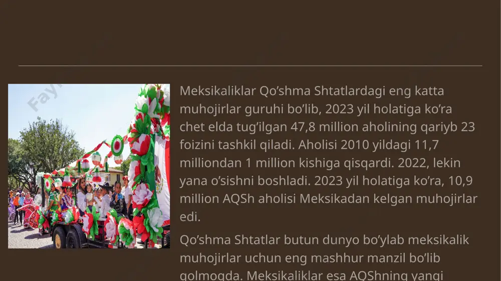 i – taxminan 10,9 million qo’shma shtatlardagi barcha meksikalik muhojirlarning yarmidan ko’pi kaliforniyada (36 foiz) yoki texasda (22 foiz) 2018-22 yillarda istiqomat qilgan. o’ndan bir qismi illinoysda (6 foizdan sal kam) yoki arizonada (5 foizdan sal kam) istiqomat qilgan. qo’shimcha oltita shtat – florida, vashington, jorjiya, nevada, shimoliy karolina va nyu-york – umumiy qo’shimcha 13 foizga ega. barcha meksikalik immigrantlarning 19 foizi istiqomat qiladigan eng yaxshi uchta okrug kaliforniya shtatining los-anjeles okrugi edi; harris okrugi, texas; va kuk okrugi, illinoys. beshta shaharda mamlakatdagi barcha meksikalik muhojirlarning uchdan bir qismidan ko’prog’i istiqomat qiladi: los-anjeles (14 foiz), chikago (6 foiz) va xyuston, dallas va riversayd (har birida taxminan 5 foiz) metro hududlari. kattaroq los-anjeles va riversayd hududlari aholisining har o’ntadan biridan ko’prog’i, xuddi makallen, texas mintaqasidagi aholining to’rtdan bir qismi meksikada tug’ilgan. meksikalik immigrantlarning ingliz tilini bilish ehtimoli aqshda tug’ilgan chet elliklarning umumiy soniga qaraganda kamroq. 2023-yilda 5 va undan katta yoshdagi …