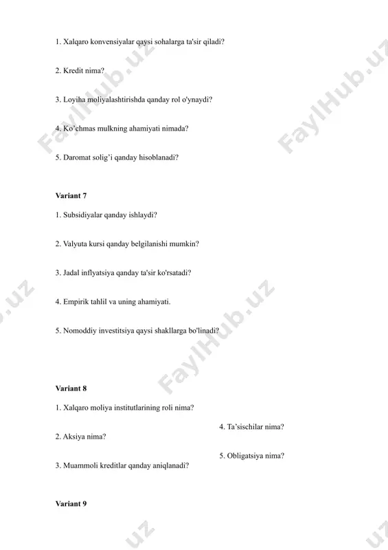 ? variant 20 1. asosiy investitsiya turlari nimalardan iborat? 2. eksport nima? 3. import nima? 4. xalqaro moliya institutlarining roli nima? 5. giper inflyatsiya qanday paydo bo'ladi?