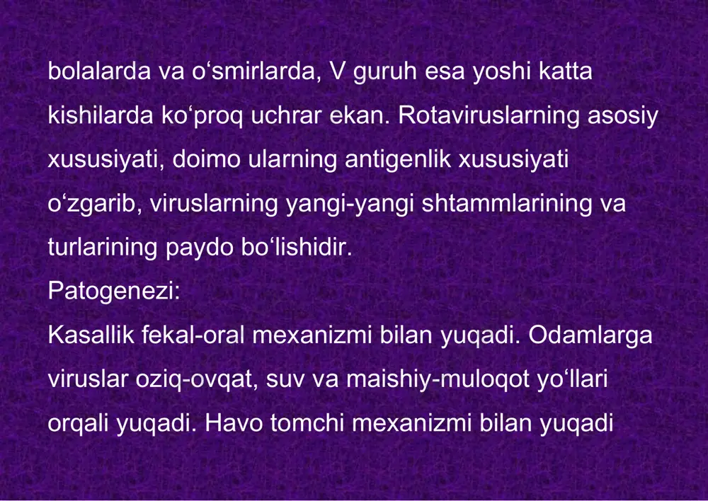 a kullaniladi. antibakterial davo bakterial asoratlar bulganda va bemor suniy nafas oldirishda bulsa tayinlanadi. profilaktikasi: xavo - tomchi va fekal - oral infeksiyalarni oldini olishga karatiladi. aloxidalash vakti 14 kun. bemor bilan mulokotda bulgan bolalar muassasalarida 14 kunga karantin urnatiladi. tugrukxona va bolalar muasasasi xodimlari bemor bilan mulokotda bulgan kundan boshlab 14 kunga boshka ishga utkaziladi. maxsus profilaktikasi yuk.