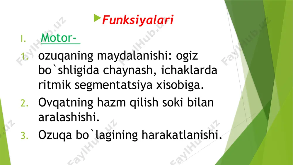 r. organik-fermentlar: pepsinogen, gastreksin, renin, jelatinaza, xemozin; gastromukoprotoid-kasl ichki faktri+b12; mutsin-hcl dan ximoya 2) suv -99% hcl funksiyasi 1. pepsinogenni aktivlashtiradi optimal muhit xosil qiladi. bakterosid oqsillar denaturatsiyasi depo ximusni harakatini ta’minlaydi. suyaklar dekalsinatsiyasi image1.jpeg image2.jpeg image3.jpeg image4.jpeg /docprops/thumbnail.jpeg