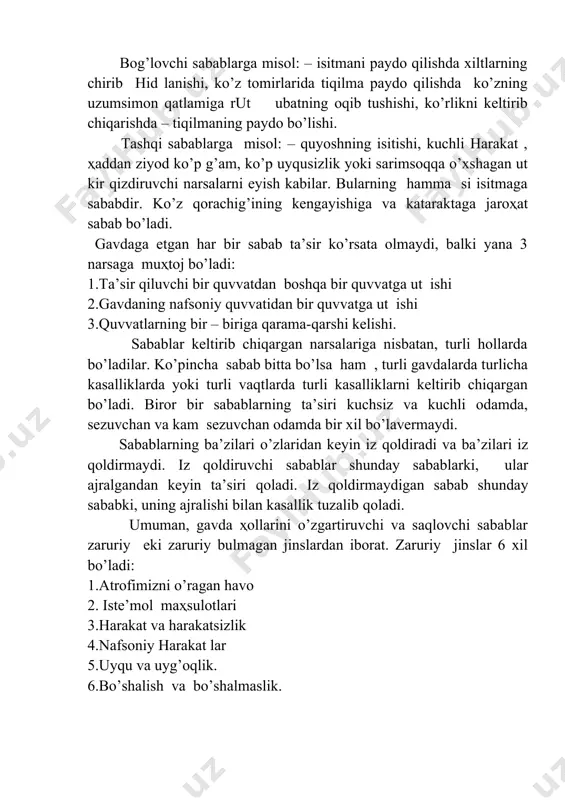 irlarida tiqilma paydo qilishda ko’zning uzumsimon qatlamiga rut ubatning oqib tushishi, ko’rlikni keltirib chiqarishda – tiqilmaning paydo bo’lishi. tashqi sabablarga misol: – quyoshning isitishi, kuchli harakat , ҳaddan ziyod ko’p g’am, ko’p uyqusizlik yoki sarimsoqqa o’xshagan ut kir qizdiruvchi narsalarni eyish kabilar. bularning hamma si isitmaga sababdir. ko’z qorachig’ining kengayishiga va kataraktaga jaroҳat sabab bo’ladi. gavdaga etgan har bir sabab ta’sir ko’rsata olmaydi, balki yana 3 narsaga muҳtoj bo’ladi: 1.ta’sir qiluvchi bir quvvatdan boshqa bir quvvatga ut ishi 2.gavdaning nafsoniy quvvatidan bir quvvatga ut ishi 3.quvvatlarning bir – biriga qarama-qarshi kelishi. sabablar keltirib chiqargan narsalariga nisbatan, turli hollarda bo’ladilar. ko’pincha sabab bitta bo’lsa ham , turli gavdalarda turlicha kasalliklarda yoki turli vaqtlarda turli kasalliklarni keltirib chiqargan bo’ladi. biror bir sabablarning ta’siri kuchsiz va kuchli odamda, sezuvchan va kam sezuvchan odamda bir xil bo’lavermaydi. sabablarning ba’zilari o’zlaridan keyin iz qoldiradi va ba’zilari iz qoldirmaydi. iz qoldiruvchi sabablar shunday sabablarki, ular ajralgandan …