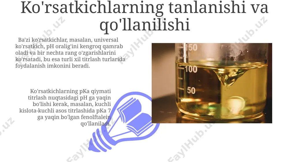 aniq o'lchovlar uchun yuqori aniqlikdagi byuretkalar va volumetrik kolbalar, shuningdek, toza va quruq shisha idishlardan foydalanish, 0,1 ml gacha aniqlikni ta'minlaydi. kislota-asos titrlashining qo'llanilishi kislota-asos titrlashining qo'llanilishi, masalan, 0,1 m naoh eritmasi yordamida sirka kislotasining konsentratsiyasini aniqlashda, ph o'zgarishiga asoslangan aniq miqdoriy tahlillar o'tkazish imkonini beradi. tibbiyotda qon plazmasidagi kislota-asos muvozanatini aniqlash uchun, ph 7,4 ga yaqin bo'lgan eritmalarni titrlash orqali, turli fiziologik suyuqliklardagi kislota va asoslar miqdorini aniq o'lchash mumkin. titrlash uskunalari va reaktivlari 01 02 0,1 м концентрацияли naoh ёки hcl каби стандарт эритмалар титрлашда аниқ натижаларни олиш учун ишлатилади, бунда эритманинг концентрациясини аниқ билиш жуда муҳим. sales 1st qtr 2nd qtr 100 0 sales 1st qtr 2nd qtr 100 0 e'tiboringiz uchun rahmat @taqdimot_robot image4.jpg image5.jpg image6.jpg image7.jpg image8.jpg image9.jpg image10.jpg image11.jpg image12.jpg image13.jpg image14.jpg image15.jpg image1.jpeg image2.jpeg image3.jpeg