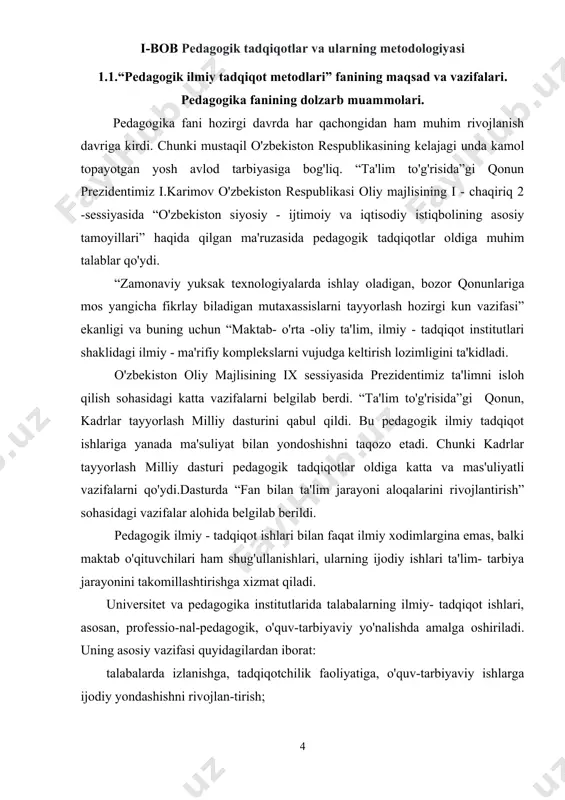 mashg'ulotlari bilan bog'liq bo'lgan tadqiqot ishlariga quyidagilar kiradi: - laboratoriya mashg'ulotlarini o'tishda tadqiqot ishlariga o'rgatish; -o'quv predmetlaridan amaliy mashg'ulotlar uchun tajriba va eksperiment materiallarini to'plash; -qo'shimcha adabiyotlarni, ayniqsa ilmiy-tadqiqot metodlari va metodologiyasi masalalari bilan bog'liq bo'lgan adabiyotlarni (vatan va chet el adabiyotlarini) o'rganish va tanqidiy tahlil qilish; -to'plangan tadqiqot materiallari asosida referat va ma'ruzalar yozish; pedagogik, ishlab chiqarish va dala amaliyotlari davomida, o'quv ekspedisiyalari vaqtida o'quv topshiriqlari bo'yicha individual yoki jamoaviy tadqiqot ishlari olib borish; o'quvchilarning qiziqishlari, individual xususiyat-larini o'rganish, jamoada shaxslararo munosabatlar, bir maqsadga qaratilan ijtimoiy-psixologik va sosiolaogik tadqiqotlar, yoshlar e'tiqodi va ideali, maktabda o'quv tarbiyaviy ishlar metodlarini qiyosiy psixologik va pedagogik o'rganish, arxeologik-dialektologik tadqiqotlar, gerbariylar to'plash, fenologik va meterologik hodisa-larni o'rganish, o'quv ustaxonalarida mehnat ta'limi metodlarining samaradorligini tadqiq qilish, o'simliklar va daraxtlar o'stirishning samarali vositalarini tadqiq qilish va boshqalar; -kurs bitiruv va diplom ishlarini tajriba tadqiqot yo'nalishida bajarish. auditoriyadan tashqaridagi ilmiy- tadqiqot ishlariga quyidagilar kiradi: - talabalarning ilmiy …