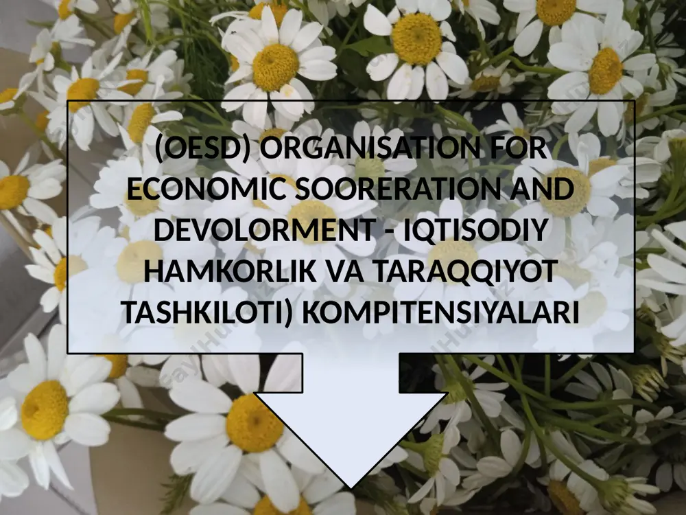 sodiy hamkorlikni rivojlantirish, global iqtisodiy muammolarni hal qilish, taraqqiyotga ko‘maklashish va a’zo davlatlar o‘rtasida siyosiy hamkorlikni mustahkamlashdir. oesd davlatlari dunyo bo‘yicha iqtisodiy siyosatlarni tartibga solishda, ijtimoiy va ekologik masalalarda hamkorlik qilishda muhim rol o‘ynaydi. bu tashkilot yuqori darajada rivojlangan davlatlarni, shuningdek, rivojlanayotgan davlatlarni birlashtiradi. oesdning umumiy maqsadi va vazifalari tadqiqot jarayonida butun dunyoga mashhur bo‘lgan “singapur: xxi asr kompetensiyalari” loyihasini e’tiborsiz qoldirib bo‘lmaydi. ushbu loyiha doirasidagi kompetensiyalar tuzilmasiga quyidagilar kiradi: bilim olish; muammolarni hal qilish va yangilik qiritish; bilish egallash uchun axborot kommunikasiya texnologiyalaridan foydalanish; aloqa; hamkorlik; bilim oluvchi tomonidan o‘z ishlarini mustaqil rejalashtirish, o‘quv jarayonidagi individual yutuqlarni nazorat qilish. kompetensiyaga asoslangan yondashuv butun jahon ta’lim muassasalari amaliyotiga kirib keldi va mustahkam joy egallamoqda. bu esa yangi “xxi asr kompetensiyalari” tushunchasining ommalashuviga sabab bo‘lmoqda. iqtisodiy hamkorlik va taraqqiyot tashkiloti (oesd) kompetensiyalari mavzusida ma'ruza quyidagi asosiy jihatlarni qamrab oladi: etiboringiz uchun rahmat image1.jpg image2.jpg image3.jpg /docprops/thumbnail.jpeg